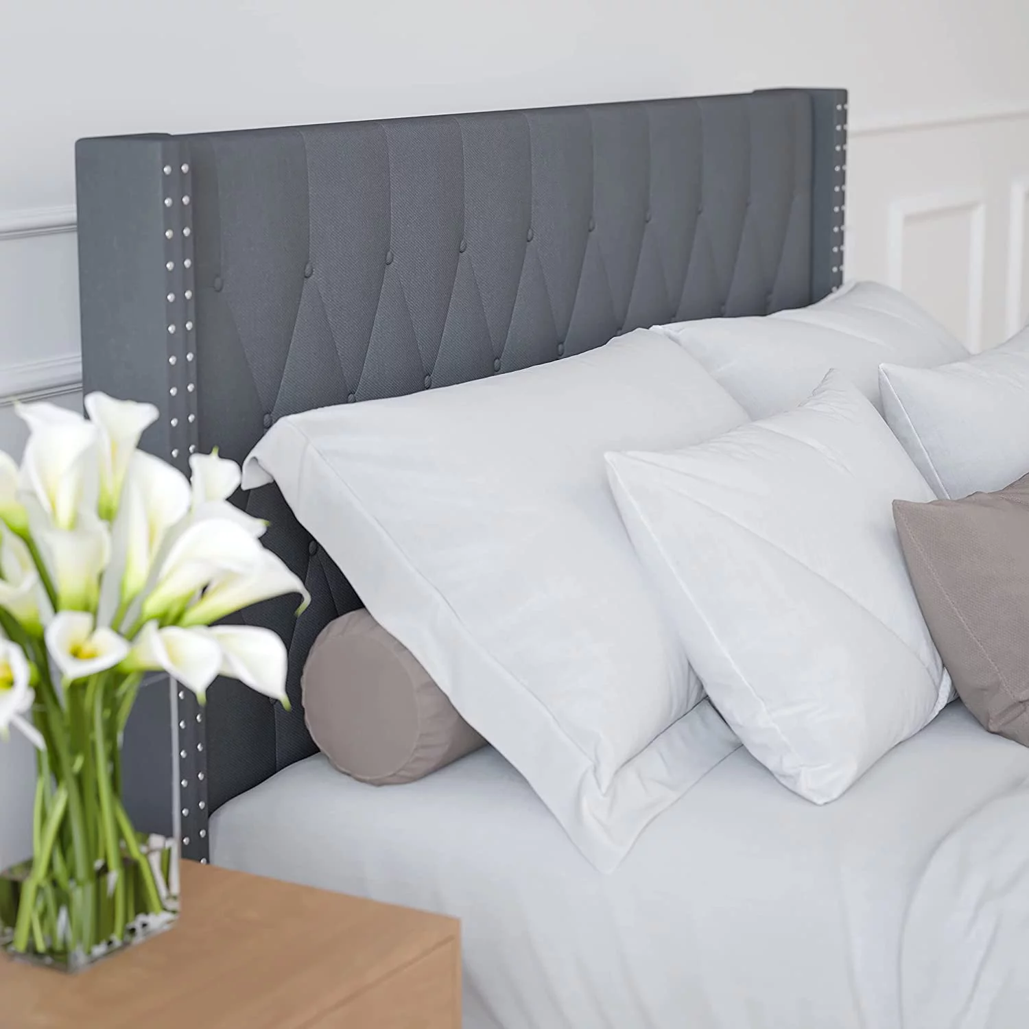 Lane Chenoa Upholstered King Size Platform Bed in Dark Gray Fabric with Button Tufted Headboard