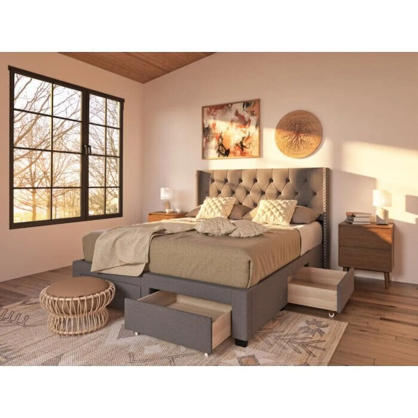 DG Casa Bardy Beige or Grey Wingback Tufted Upholstered 4 Drawer Storage Bed Storage Bed, Wingback Beige Queen