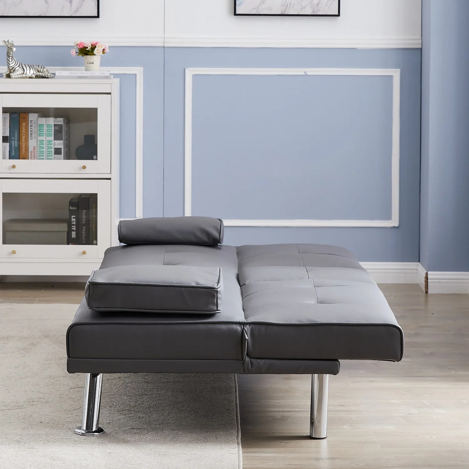 Dubbin Faux Leather Convertible Futon Sofa Bed with Removable Armrests,Metal Legs,and Cupholders - Dark Grey