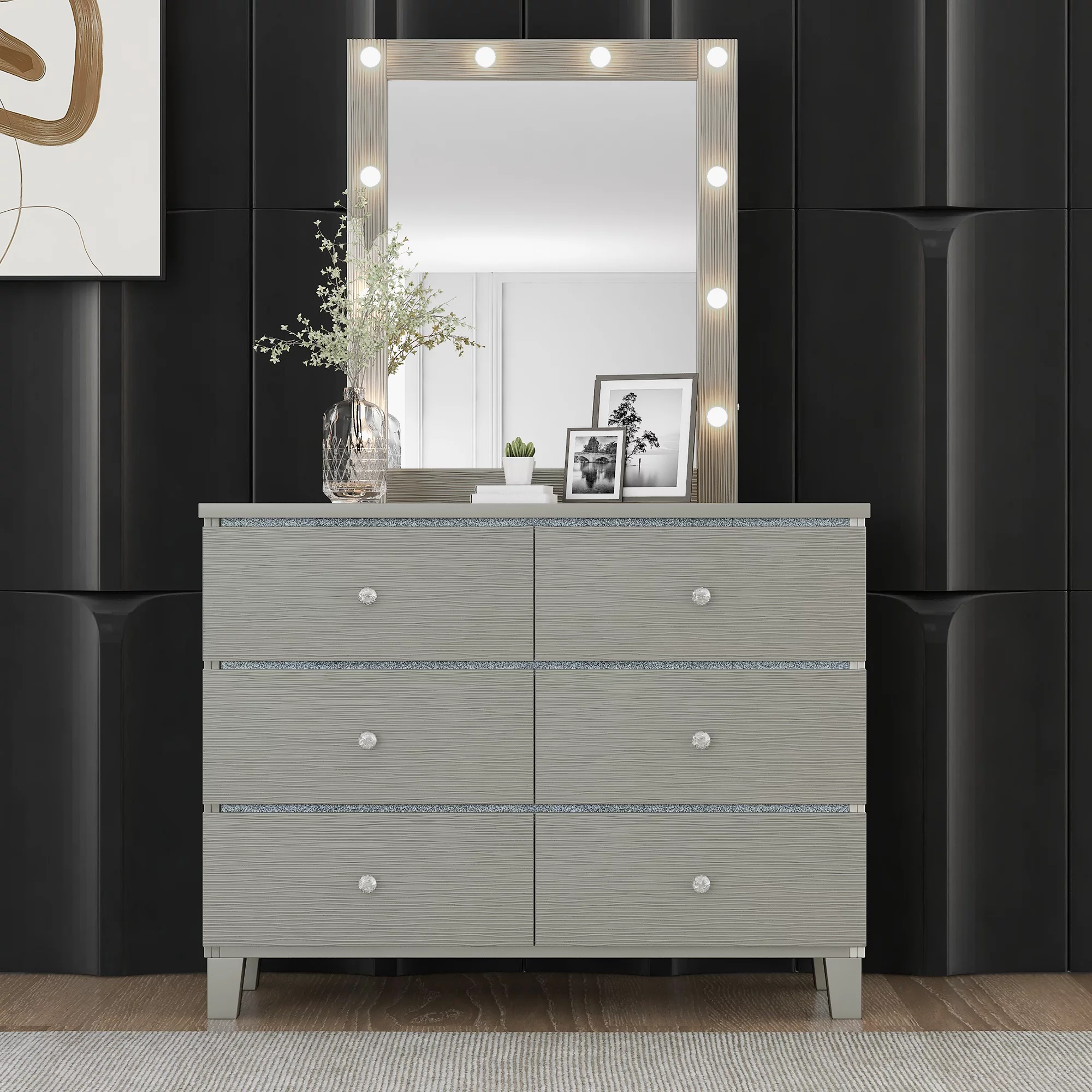 CoSoTower Champagne Silver Rubber Wood Dresser and Mirror with 6 Drawers Metal Slides Crystal Handle LED Lights Mirror
