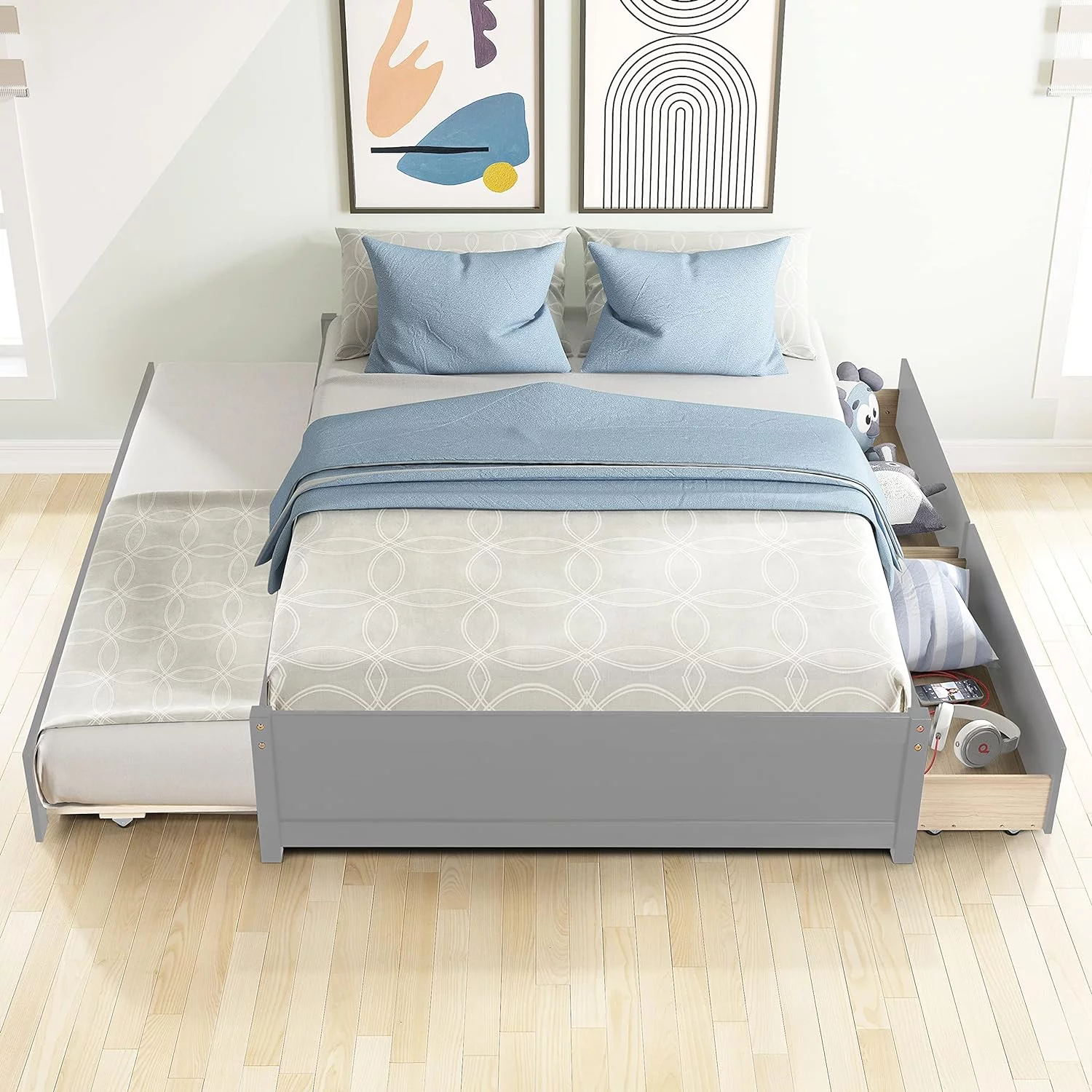 Full Bed With Trundle And Two Drawers, Wooden Platform Bed Frame (Gray)