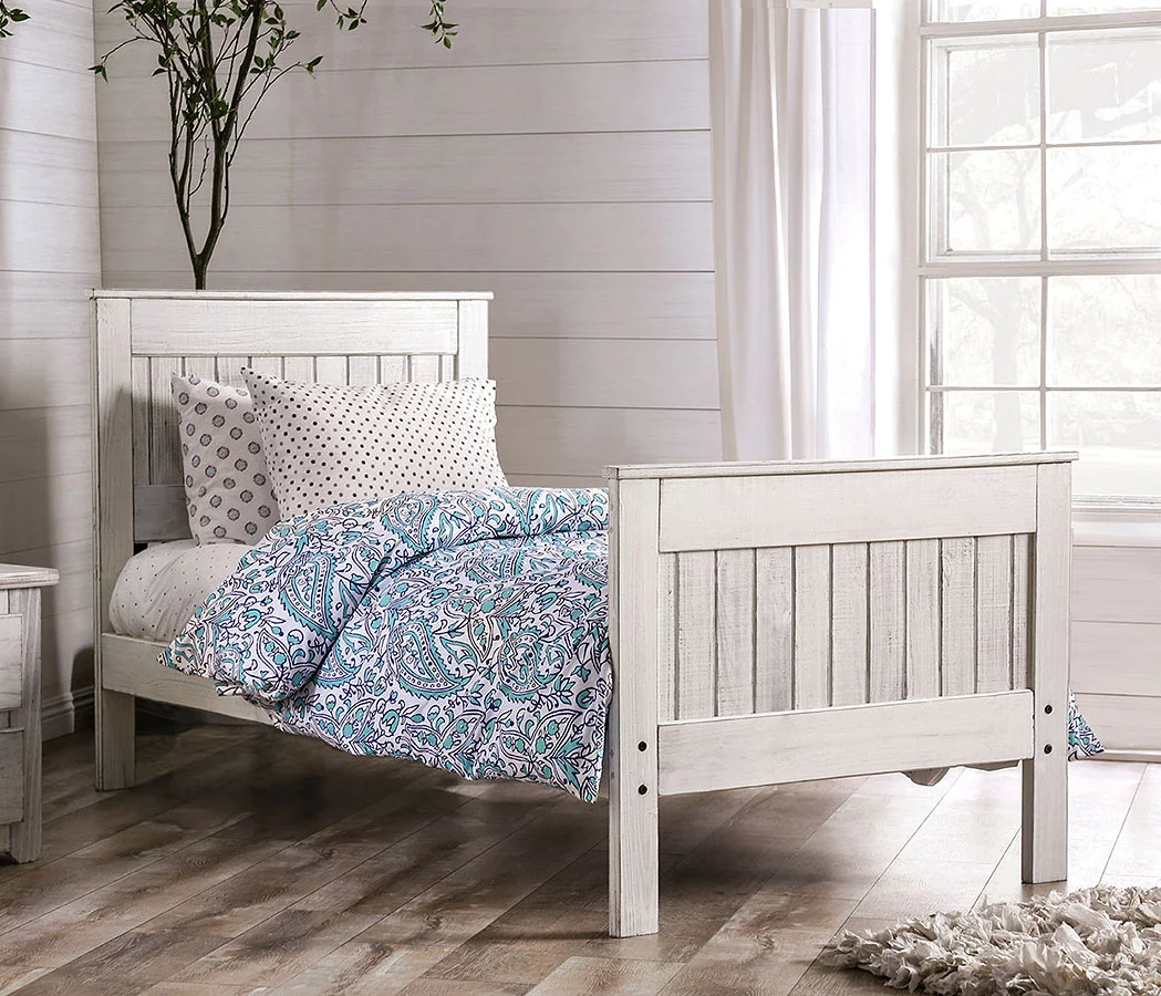 Transitional Simple Panel Headboard Footboard Full Size Bed 1pc Bedframe Weathered White Pine Wood Bedroom Made in USA