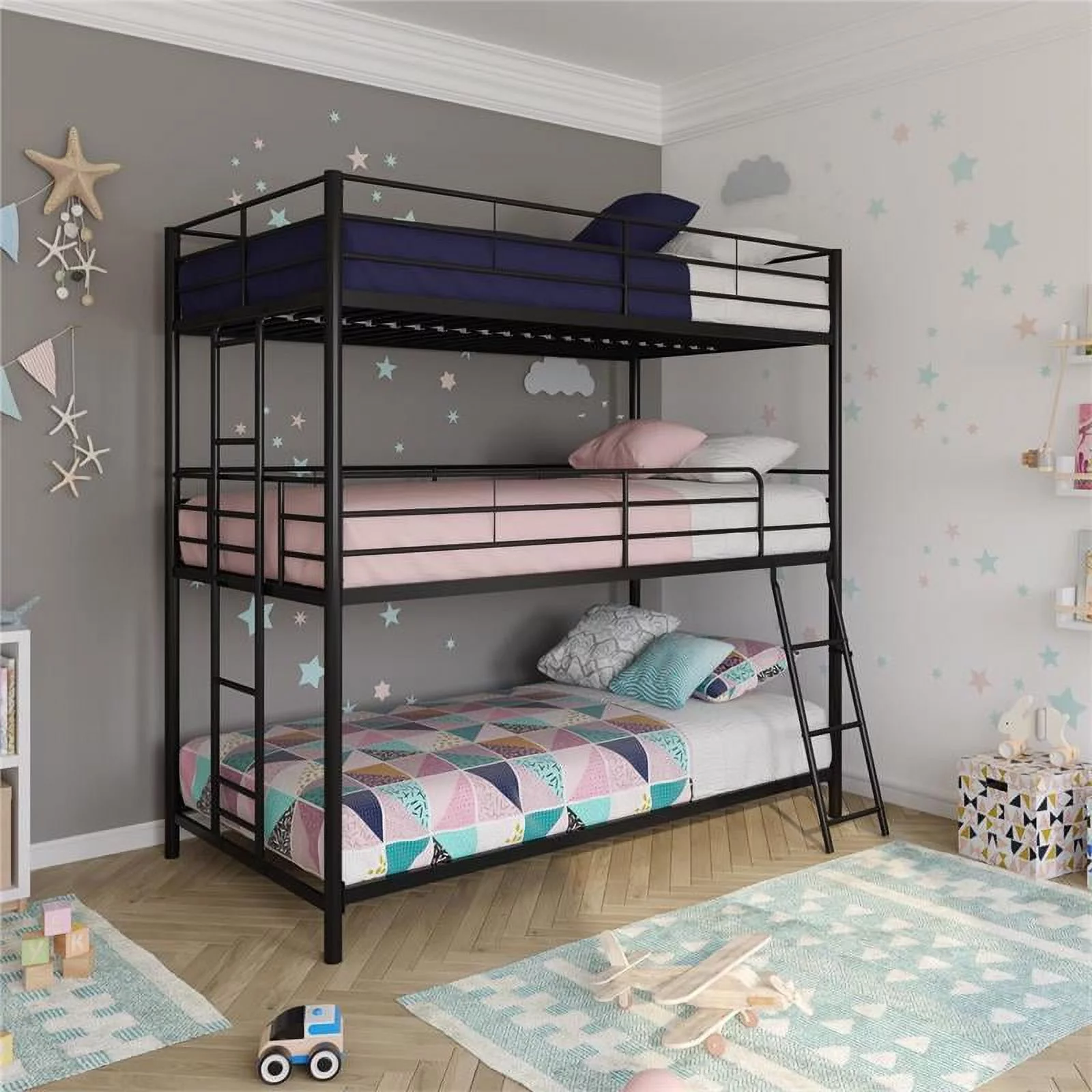 Max & Finn Altona Metal Triple Bunk Bed Bed for Kids Twin/Twin/Twin in Black