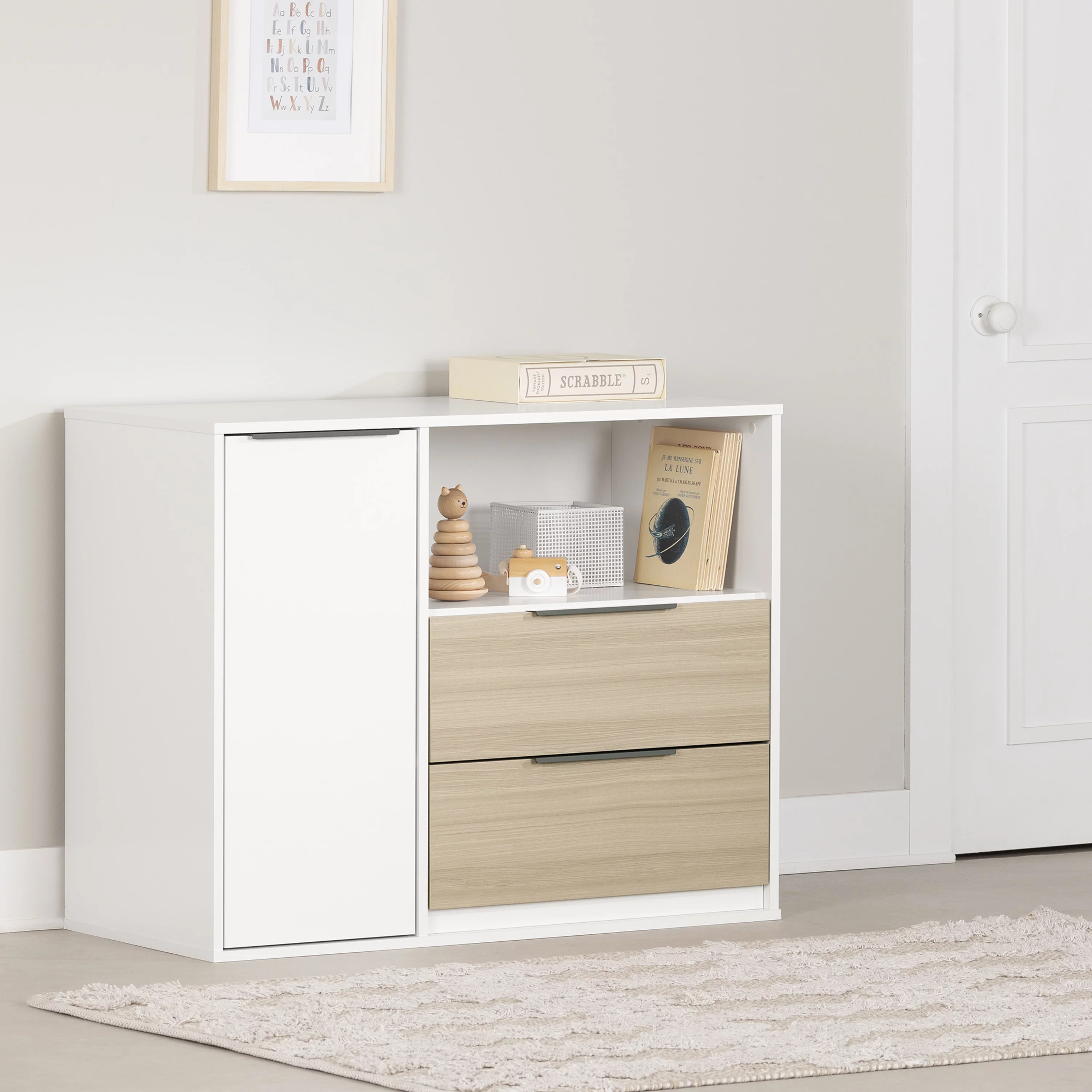 South Shore Hourra, Contemporary Door Chest with 2 Drawers, Soft Elm and White