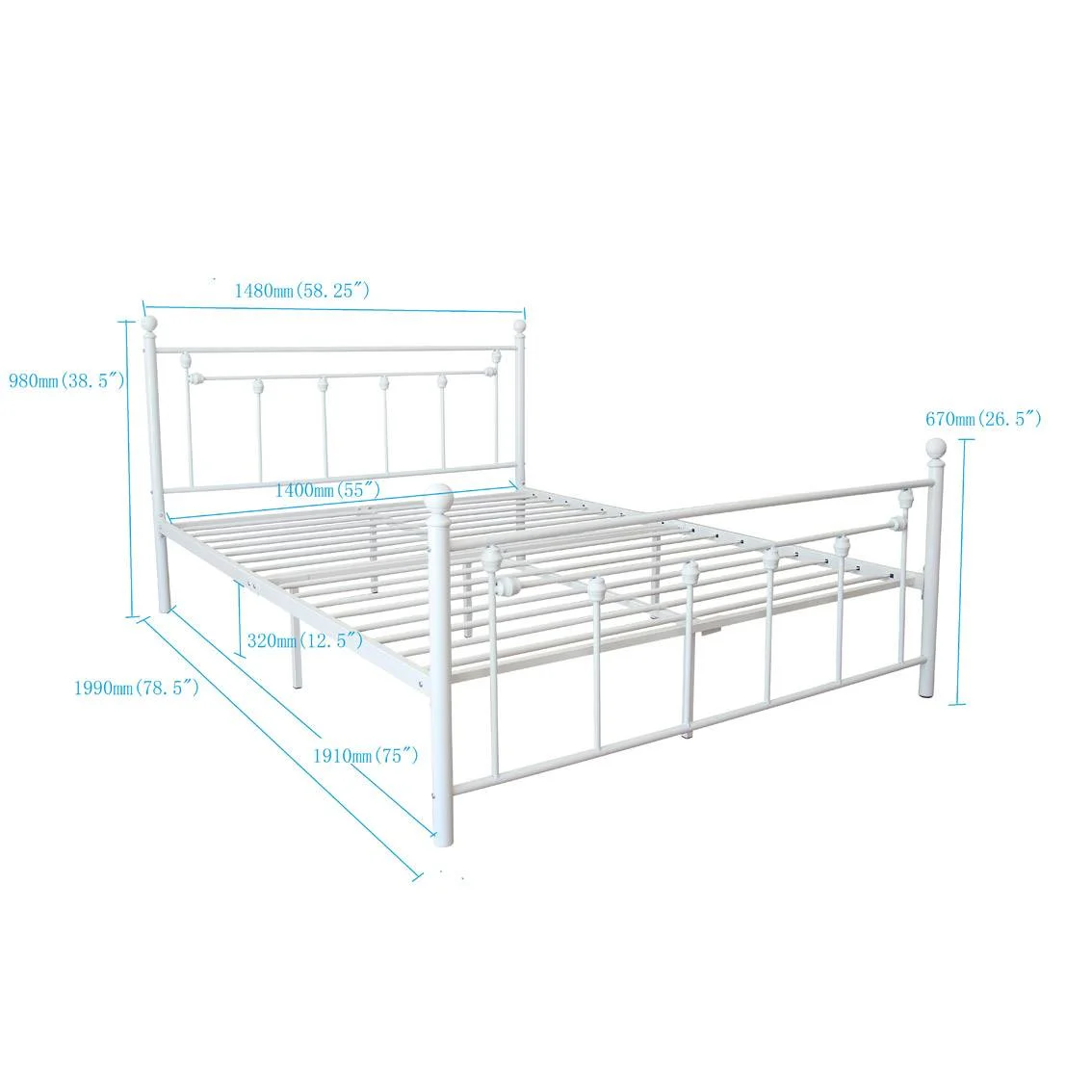 Full Size Metal Bed Frame with Headboard and Footboard White