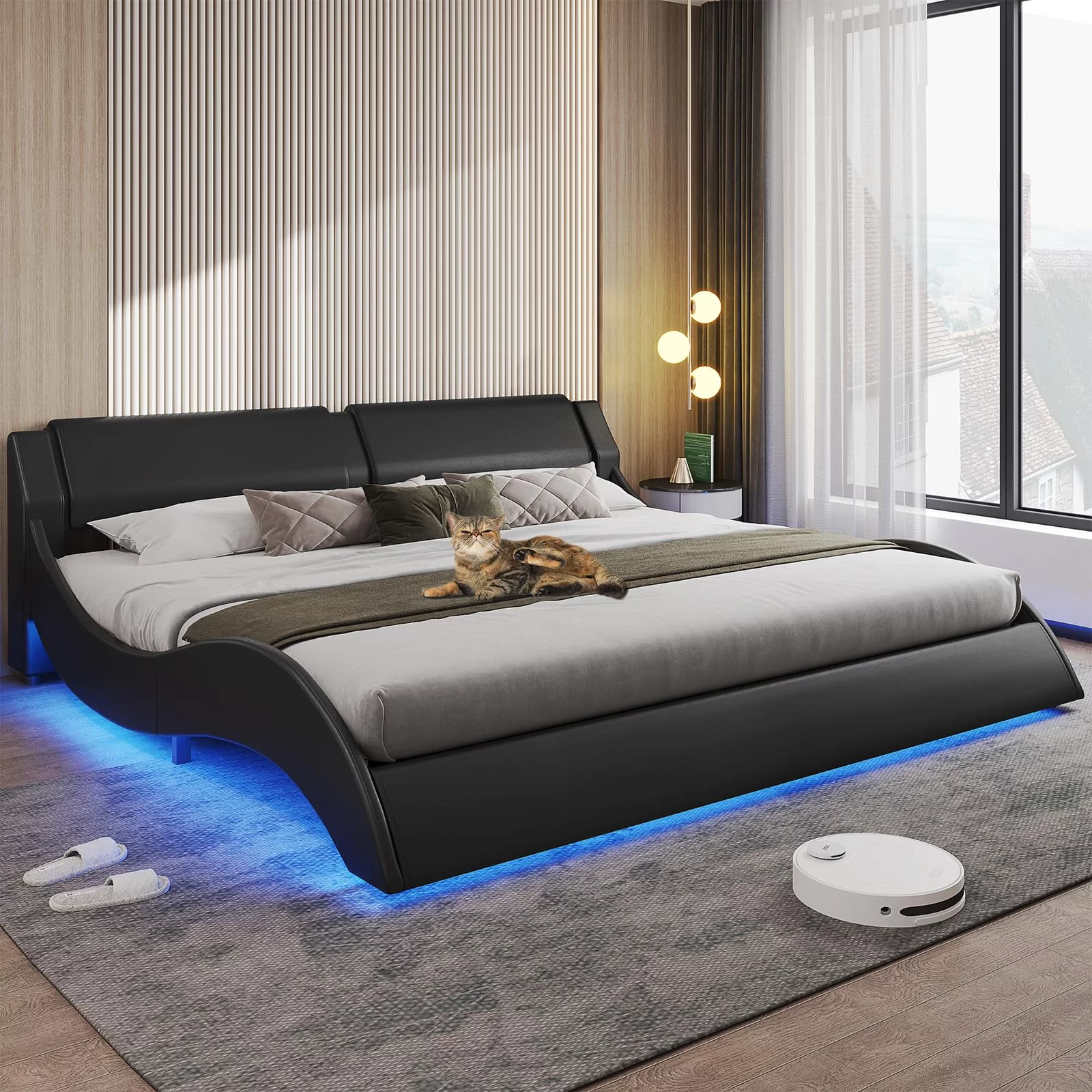 AOGLLATI King Size Led Bed Frame,Wave Like Curve Bed Frame,Modern Low Profile Platform Bed Frame with LED Lights and Headboard ,Faux Leather,Black