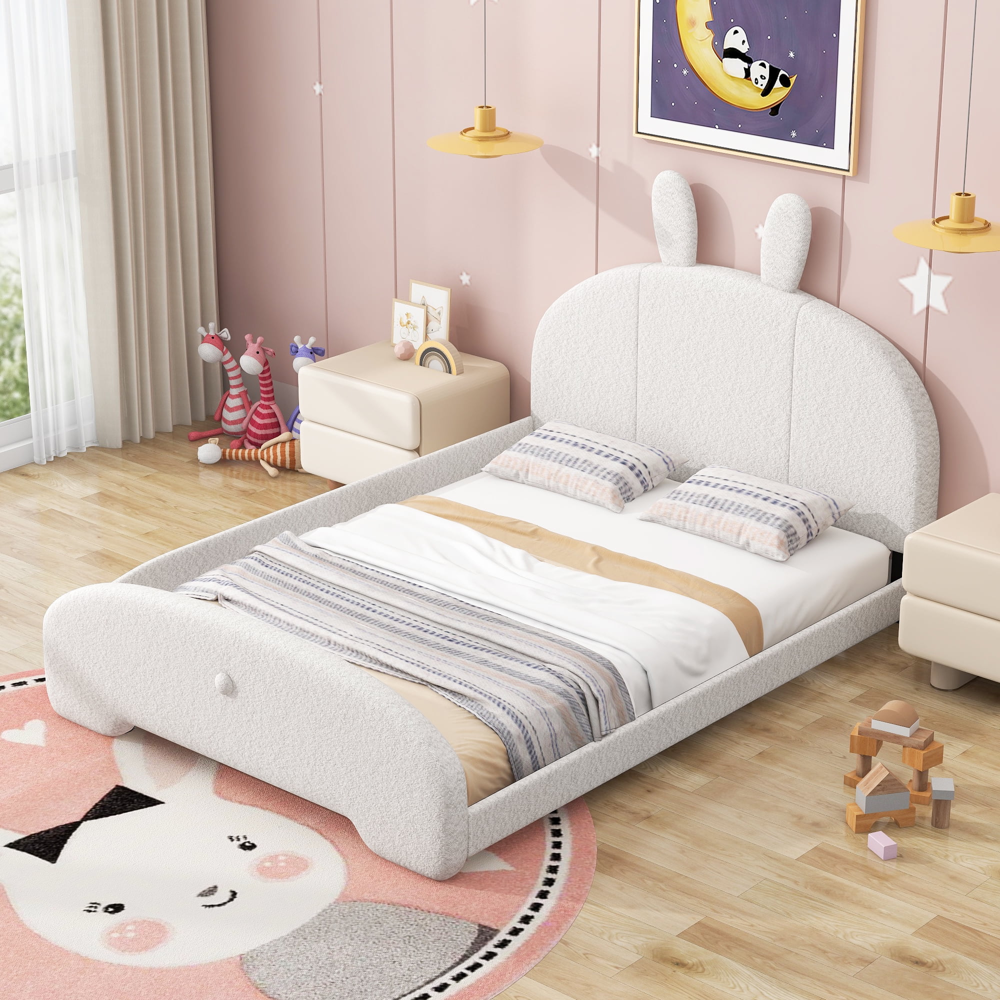 Euroco Full Size Daybed, Upholstery Cartoon Bunny Shaped Platform Bed Design for Kids Bedroom, No Box Spring Needed, White