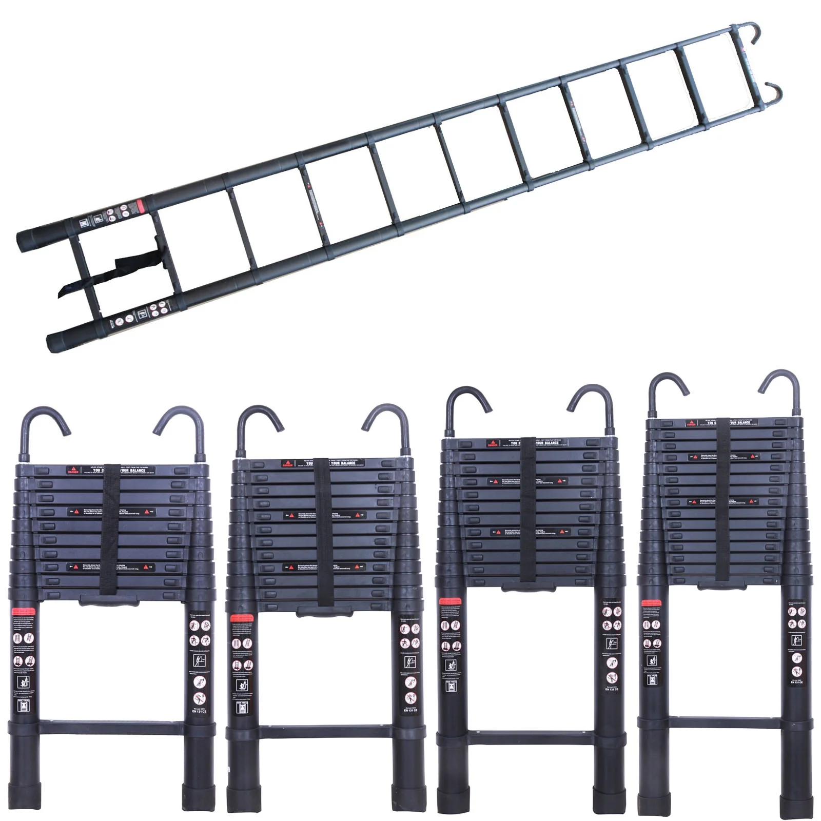 20.3ft Extension Telescoping Ladder Aluminum Folding Ladder for Home DIY RV Roof Attic Office with 2 Detachable Hooks Black EN131 Certificated 330lb Load, Folded Height 3.6ft Easy to Store