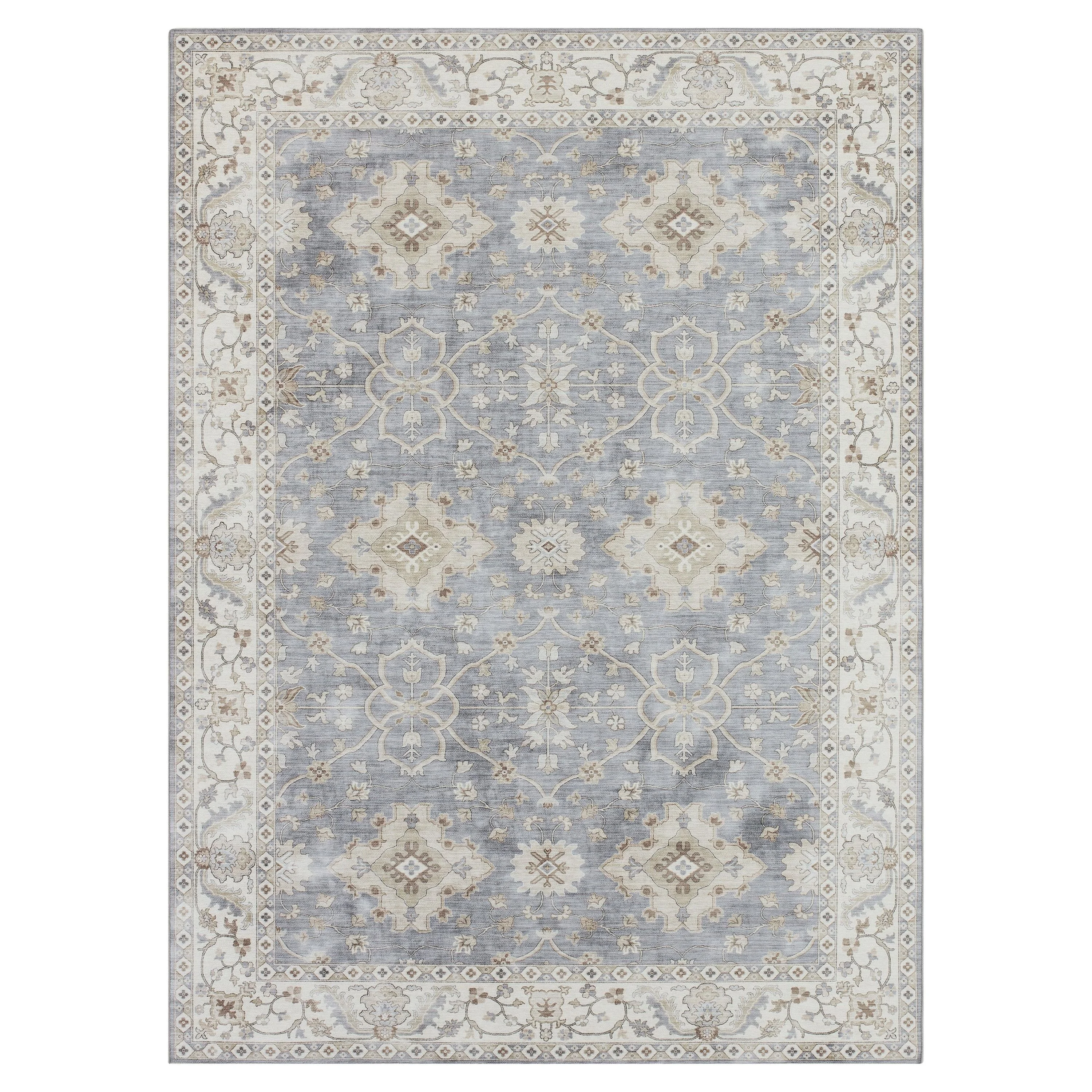Blue/Taupe Medallion Washable Skid-Resistant Area Rug, 5' x 7'