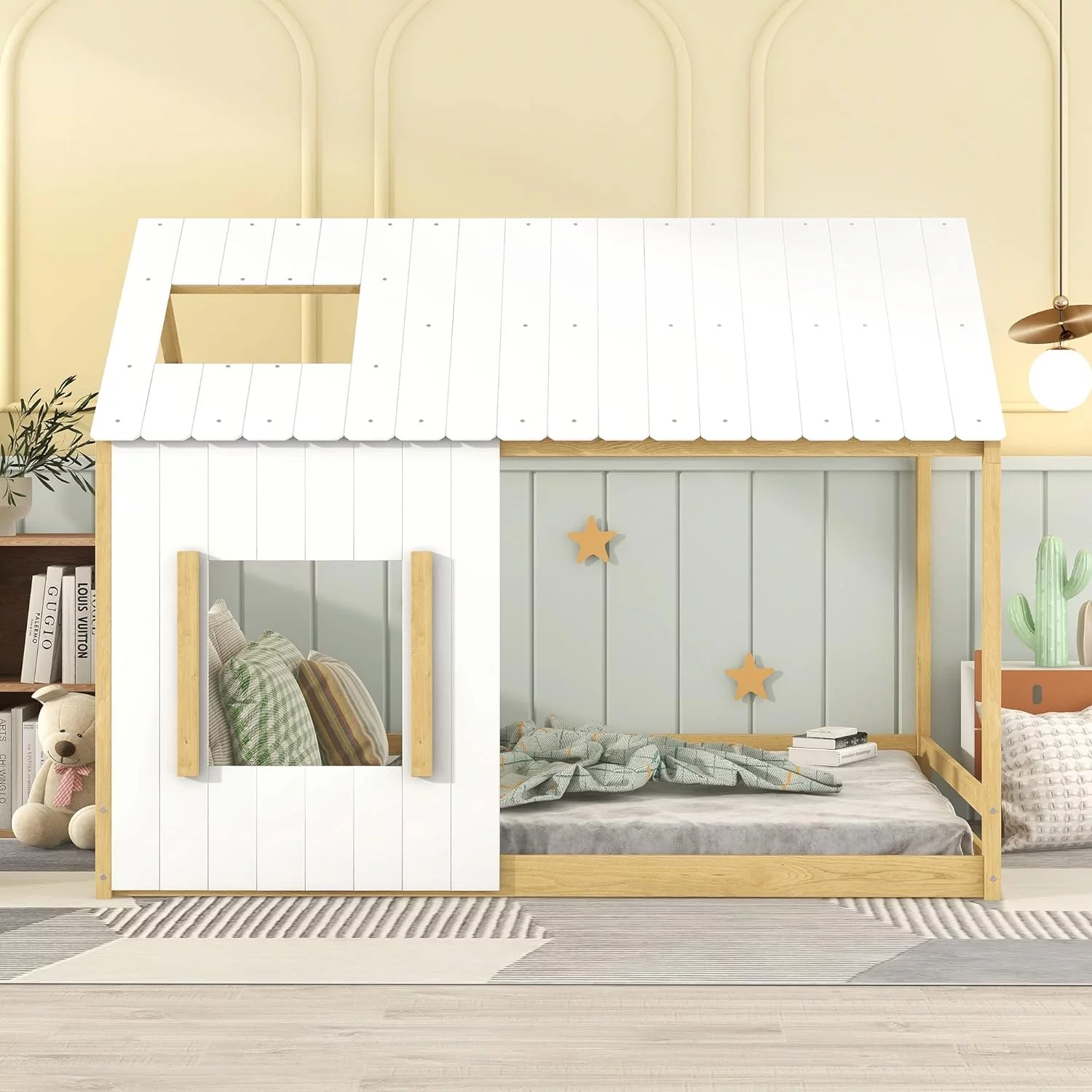 Full Size Kids House Bed, Montessori Floor Bed Full With Roof And Window, Wood Full Floor Bed Frame Cabin Fun Playhouse Bed For Girls, Boys, Children,White+Natural