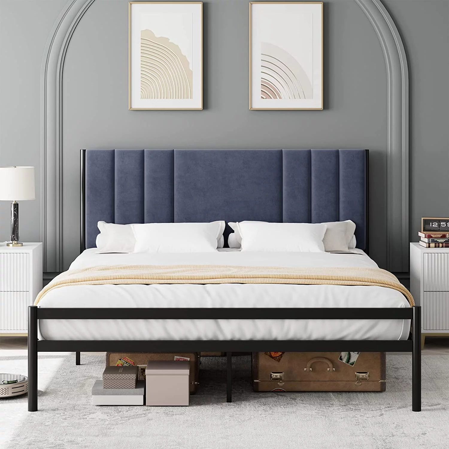 Popular Queen Bed Frame  Platform Bed Frame with Velvet Headboard  Heavy Duty Metal Bed Frame with 15 Strong Slats Support  Box Spring Optional  Easy Assembly  Grey