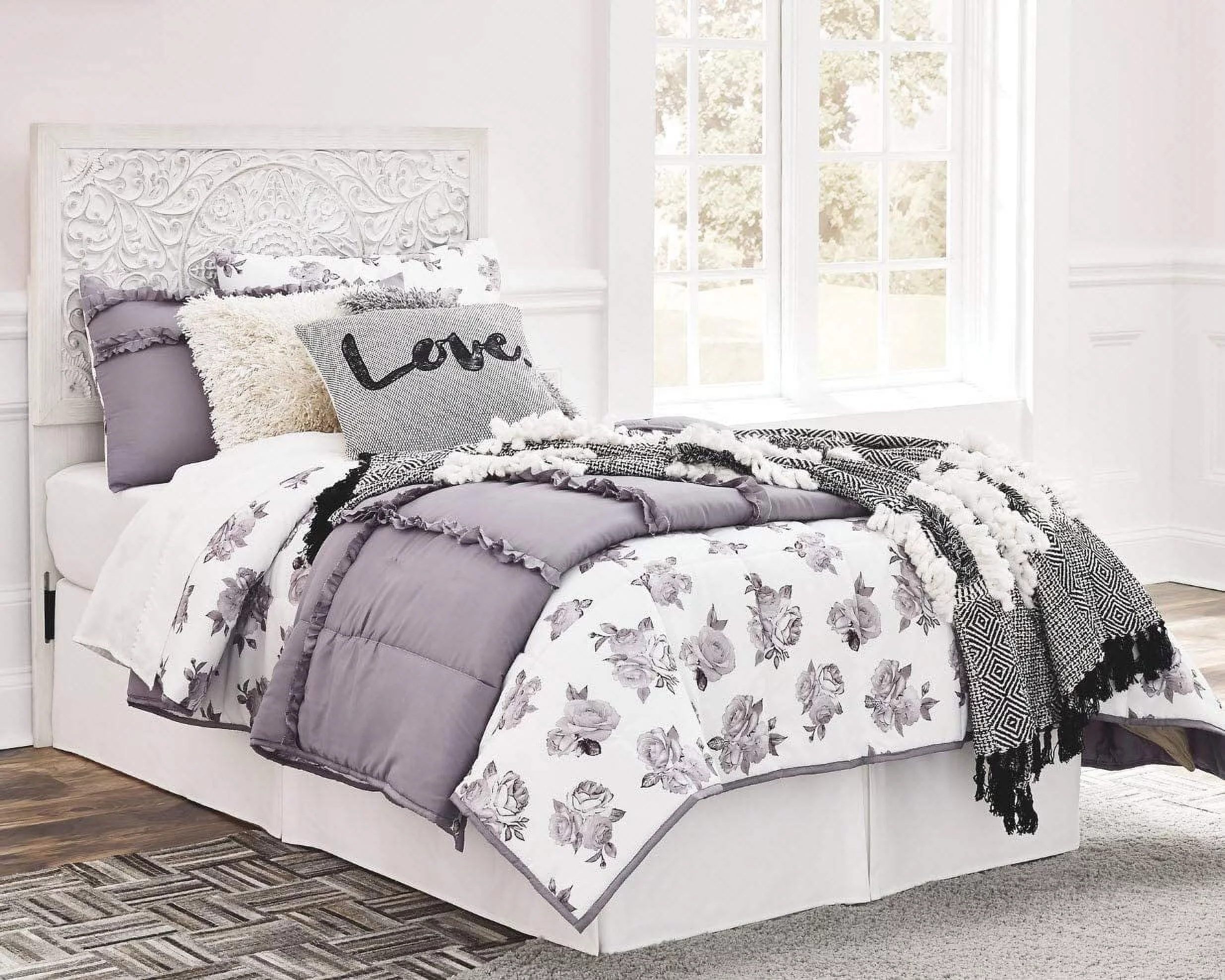 YGDU Paxberry Twin Boho Headboard, Distressed White