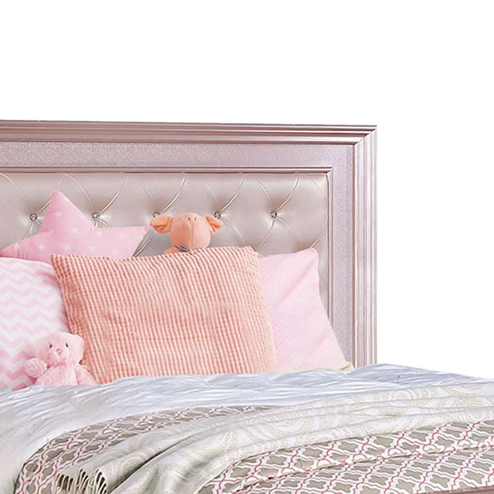 Contemporary Styled Twin Bed with Padded Button Tufted Headboard Pink- Saltoro Sherpi