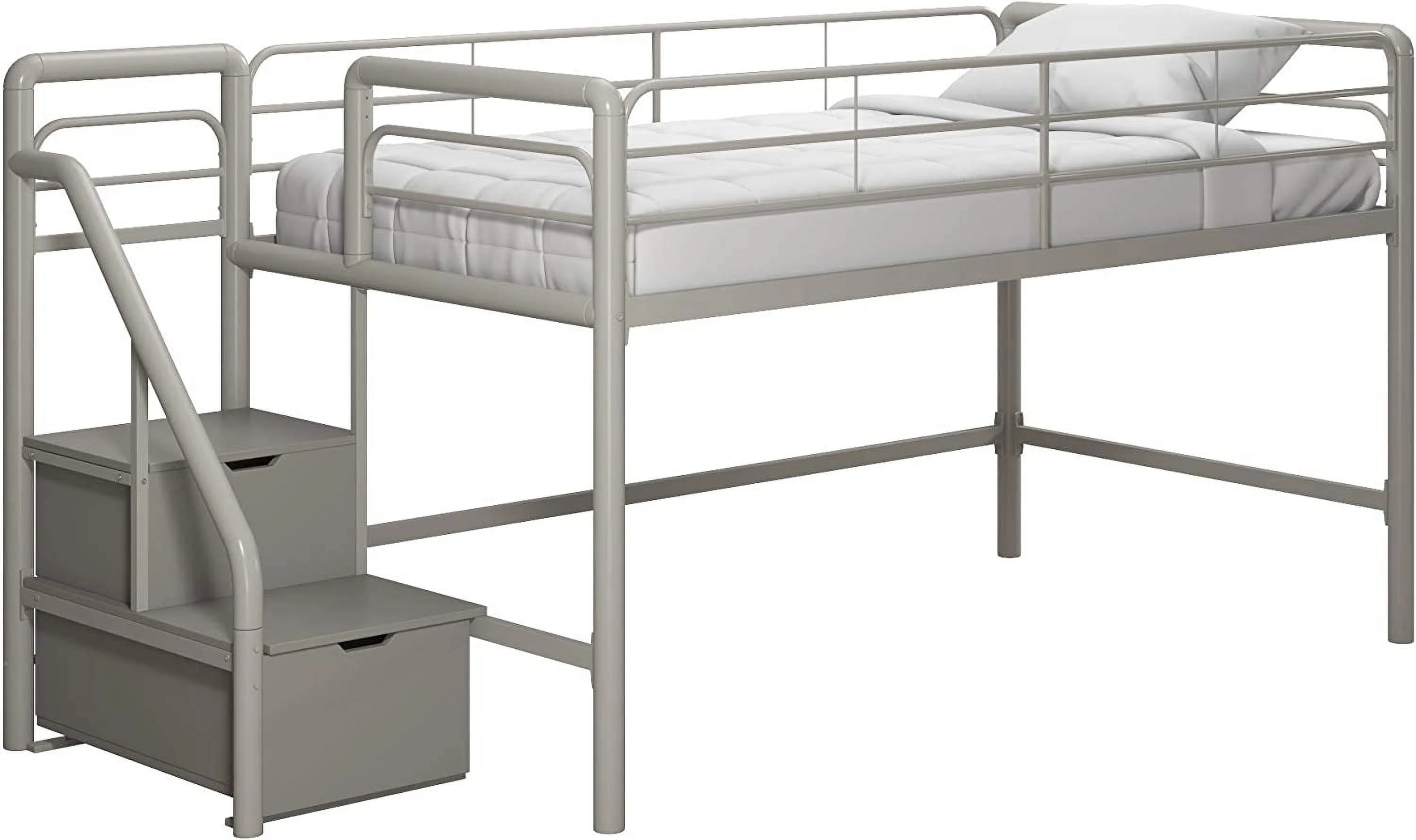 LIHONG Metal Loft Bed with Storage Steps, Multifunctional Space-Saving Solution - Silver with Gray Steps
