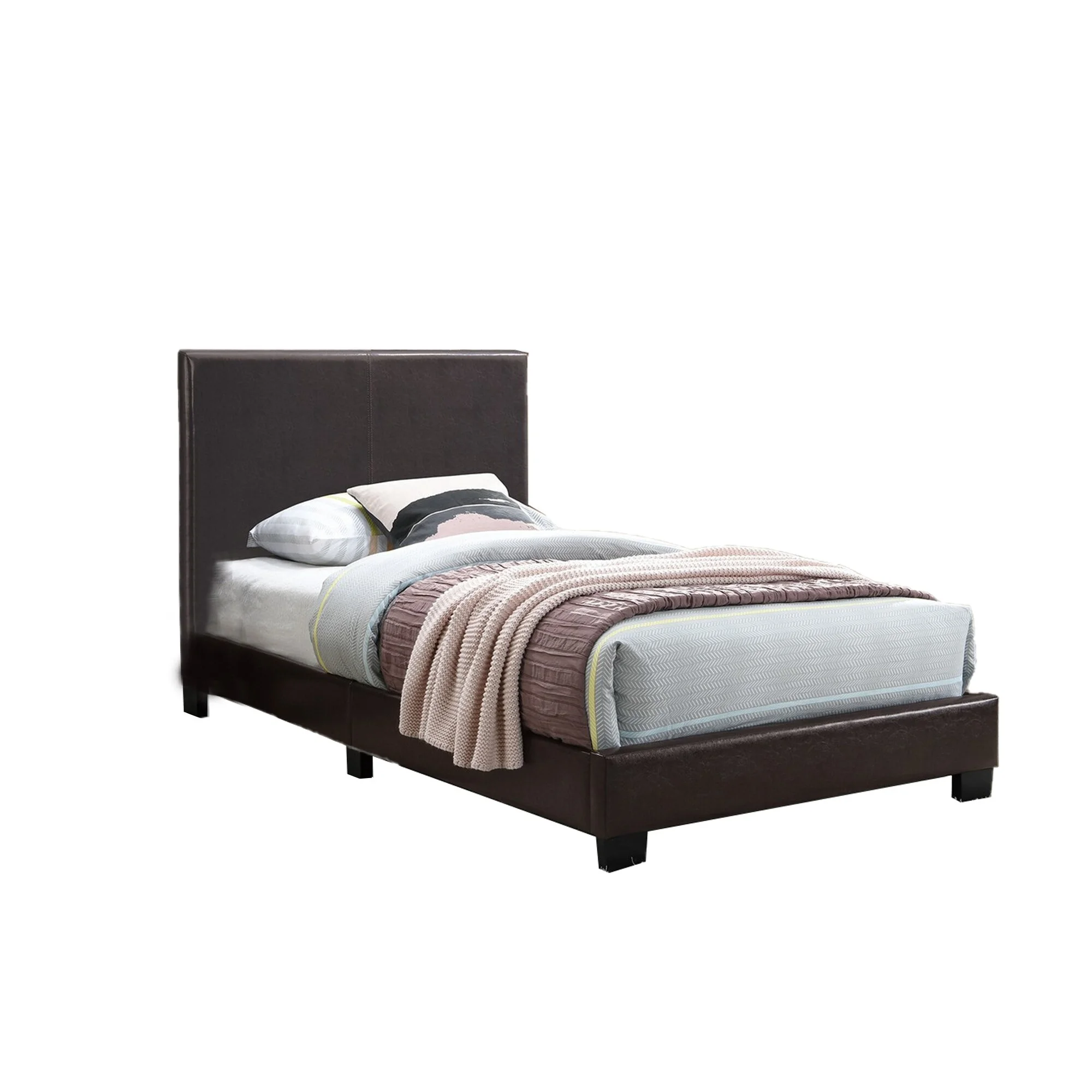 Transitional Style Leatherette Twin Bed with Padded Headboard, Dark Brown