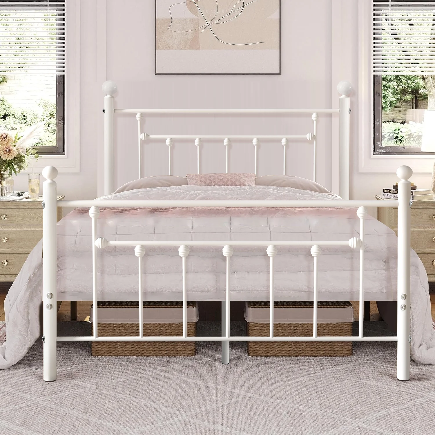 VECELO Queen Size Metal Platform Bed Frame with Headboard & Footboard, Modern Bed Frames for Adults Teens Kids Bedroom, No Box Spring Needed, White