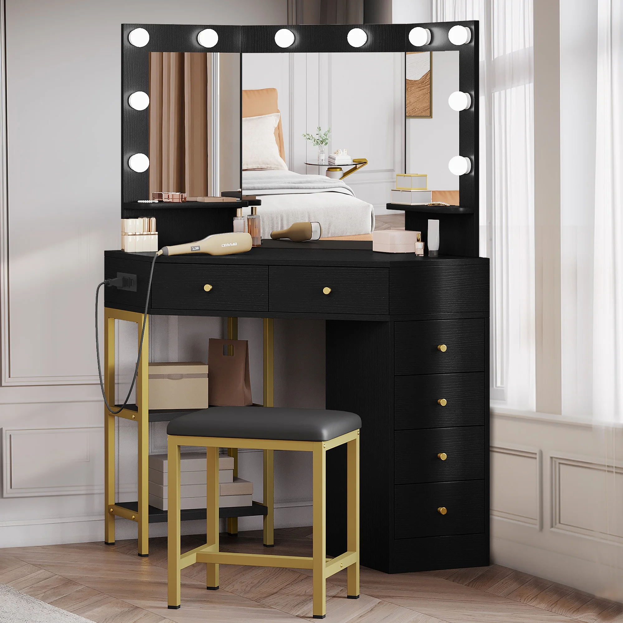 DWVO Corner Vanity Desk With Lights & Mirror, Makeup Vanity with Shelf & 6 Drawers, Vanity Dressing Table for Makeup,Modern Desk Vanity for Bedroom, Black