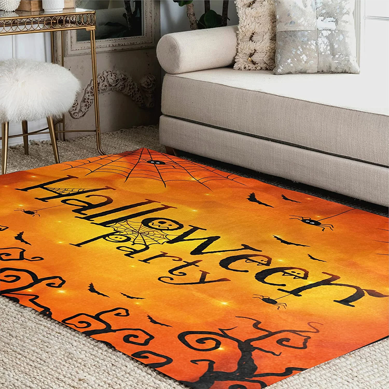 FREEAM Halloween Spider Web Bat Orange Area Rug Mat for Living Dining Dorm Room Bedroom Home Decorative 7' x 5'