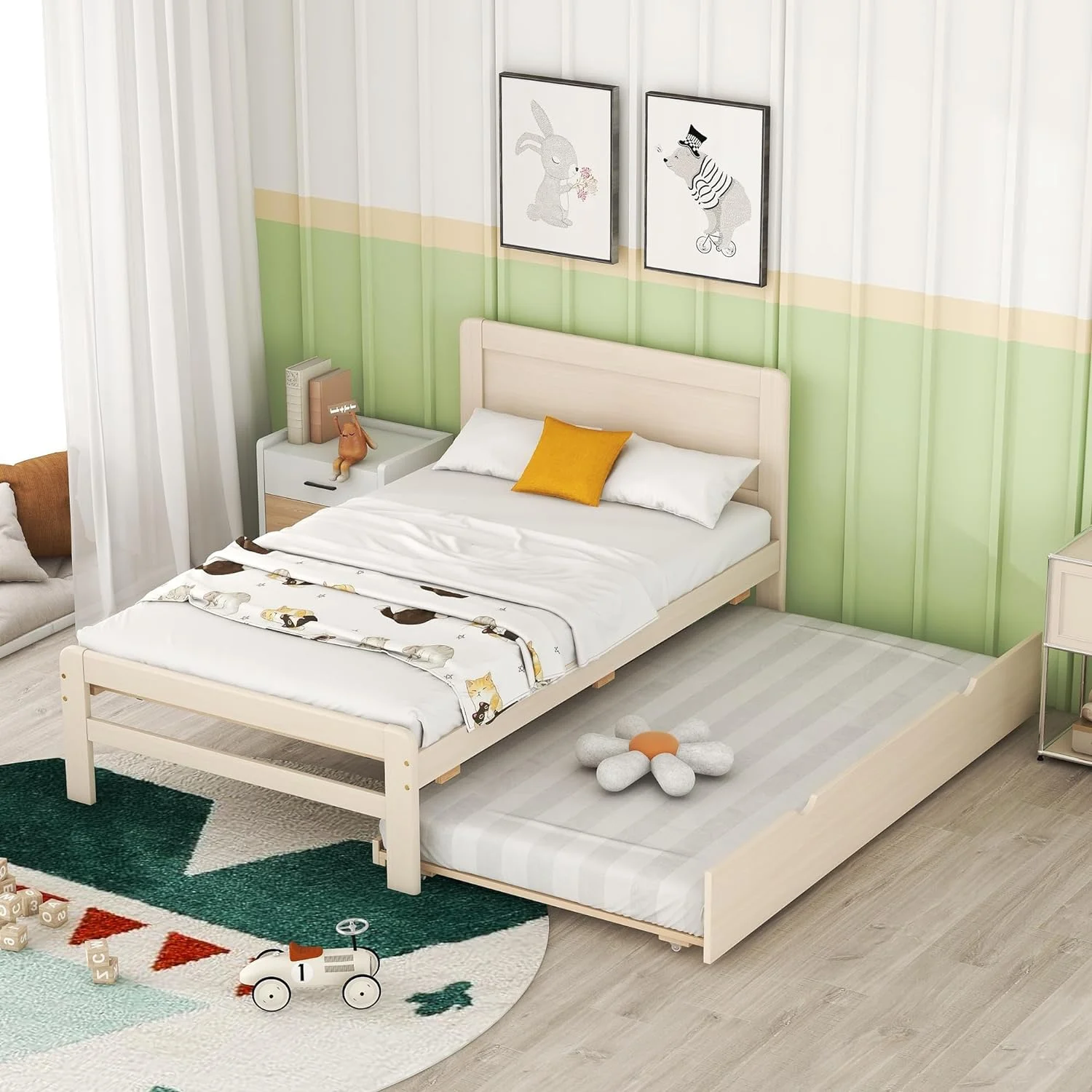 Moder Bed Frame Wih rudle,Kids Size Plaform Bed Wih Headboard Ad Pull Ou rudle Bed,Solid Wood rudle Bed For Girls Boys,Whie Washed