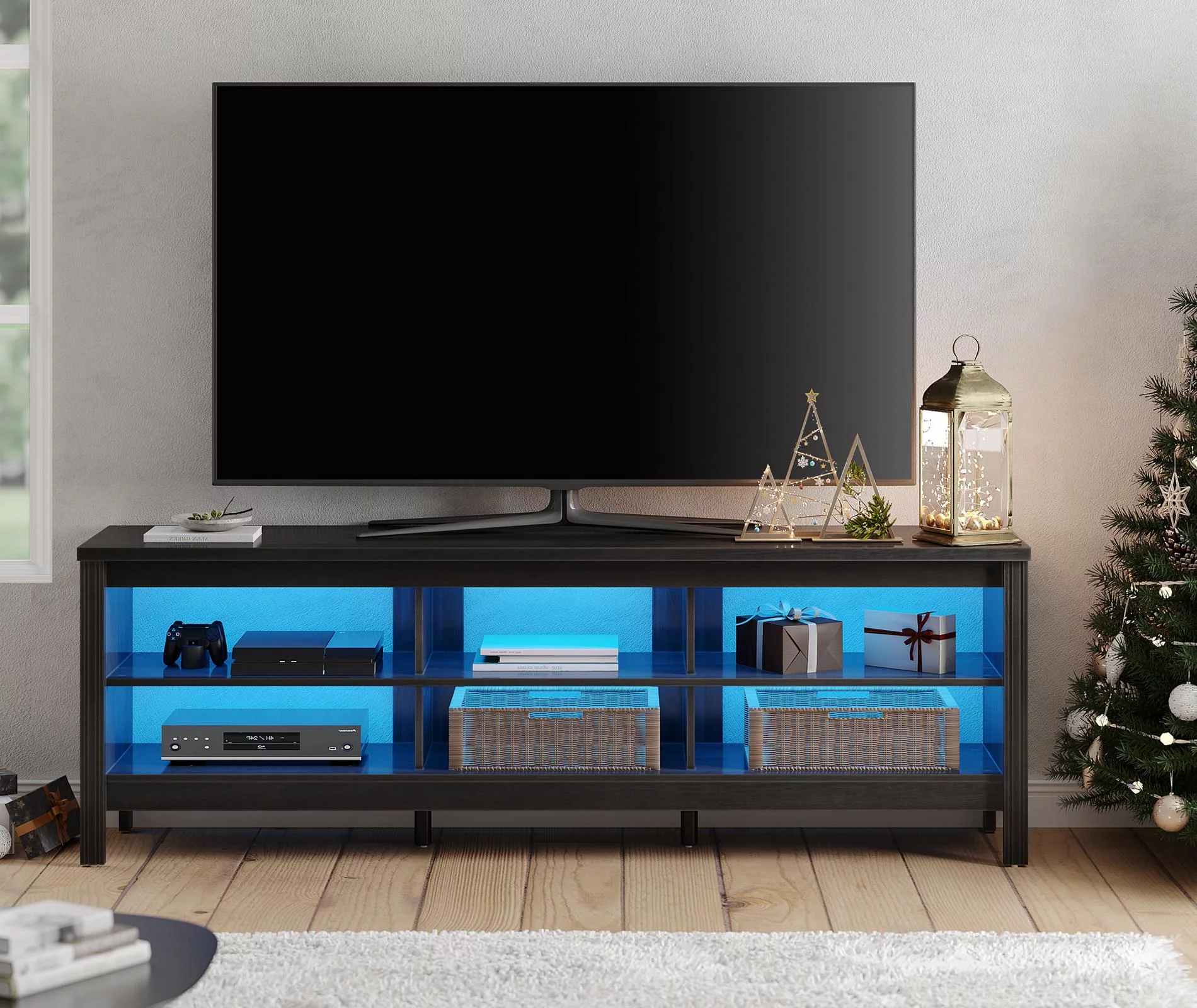 LED TV Stand for 75 inch TV Entertainment Center Black TV Console Table with 6 Storages for Living Room Bedroom, 70