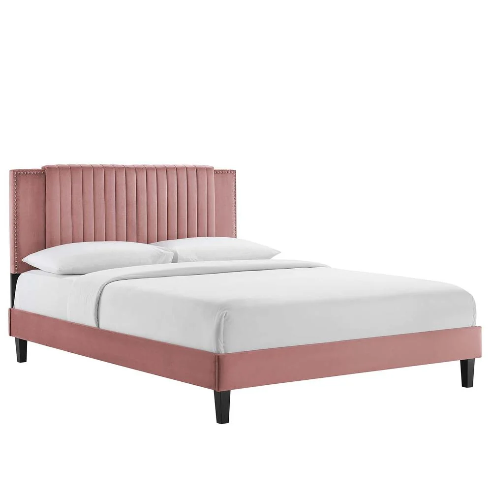 Modway Zahra Channel Tufted Performance Velvet King Platform Bed in Dusty Rose