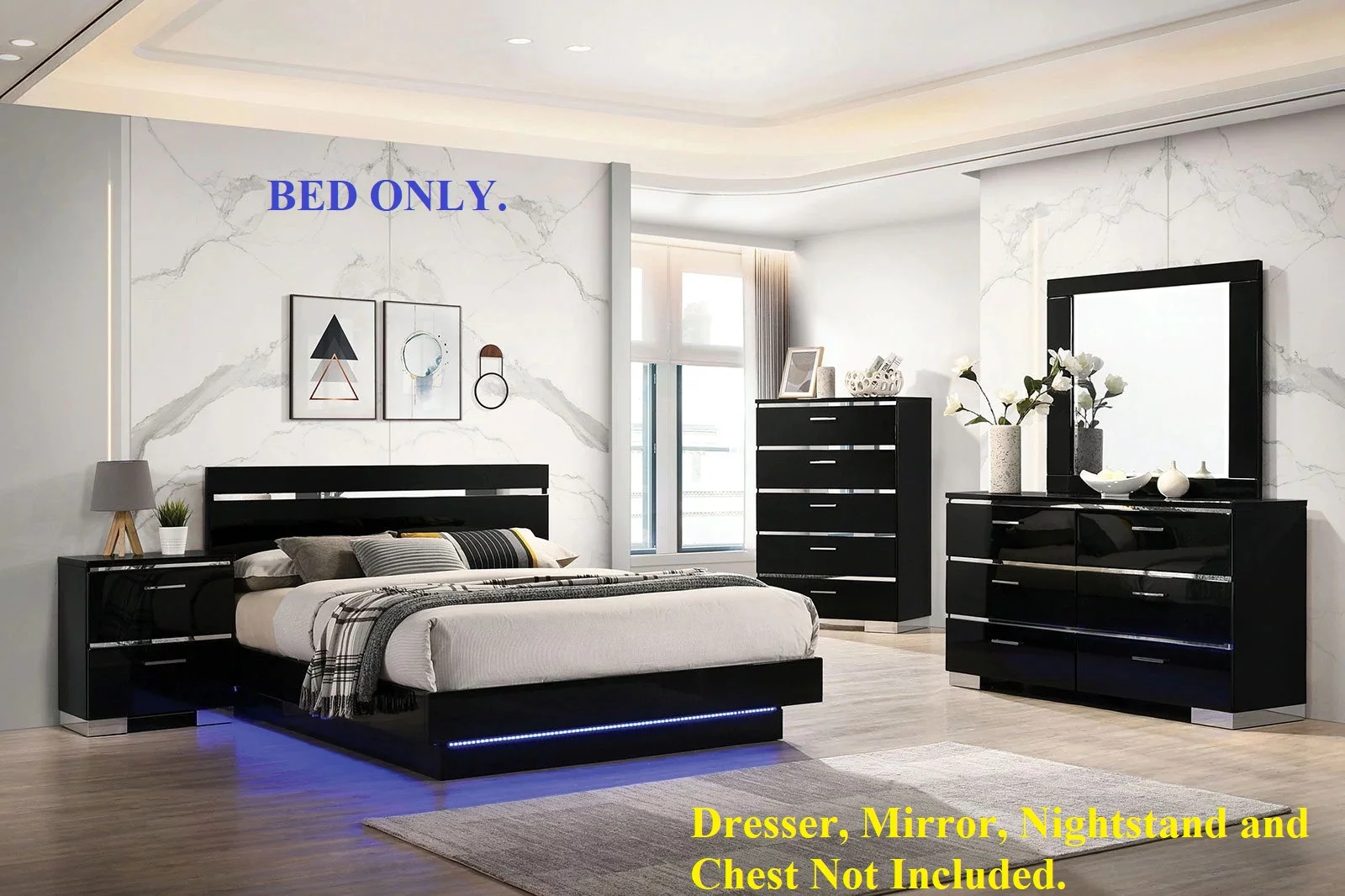 Contemporary Style Black 1pc Est King Size Bed Low Profile Platform Bedframe High Gloss Finish Solid wood LED Bedroom Furniture