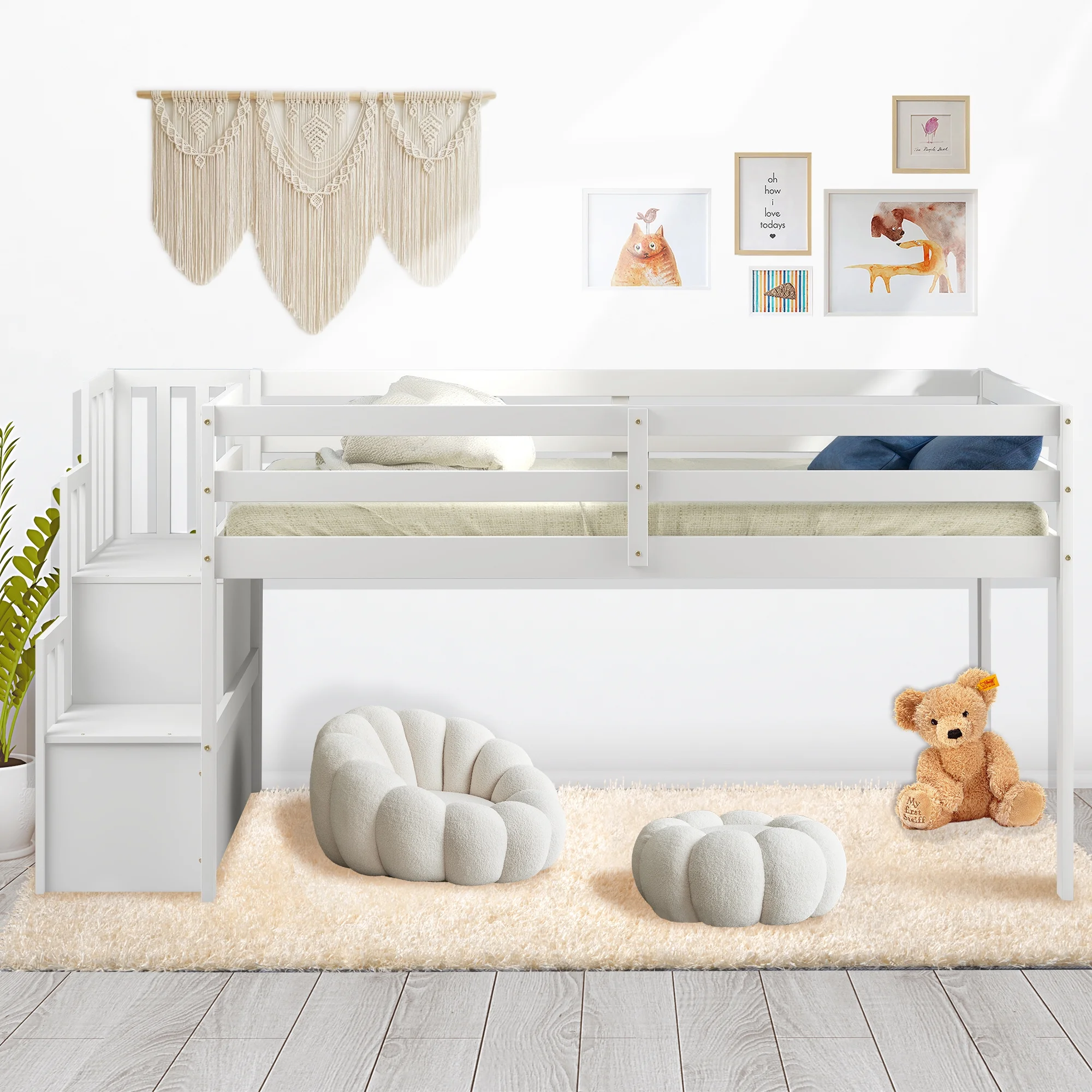 LUKEE Kids Toddlers & Teens Wood Low Loft Bed Frame with Storage and Stairs, High Guard Rails to Protect Children, No Box Spring Needed, White