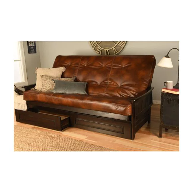 Kodiak Phoenix Espresso Futon Frame with Oregon Trail Saddle Mattress & Storage Drawers - Queen Size
