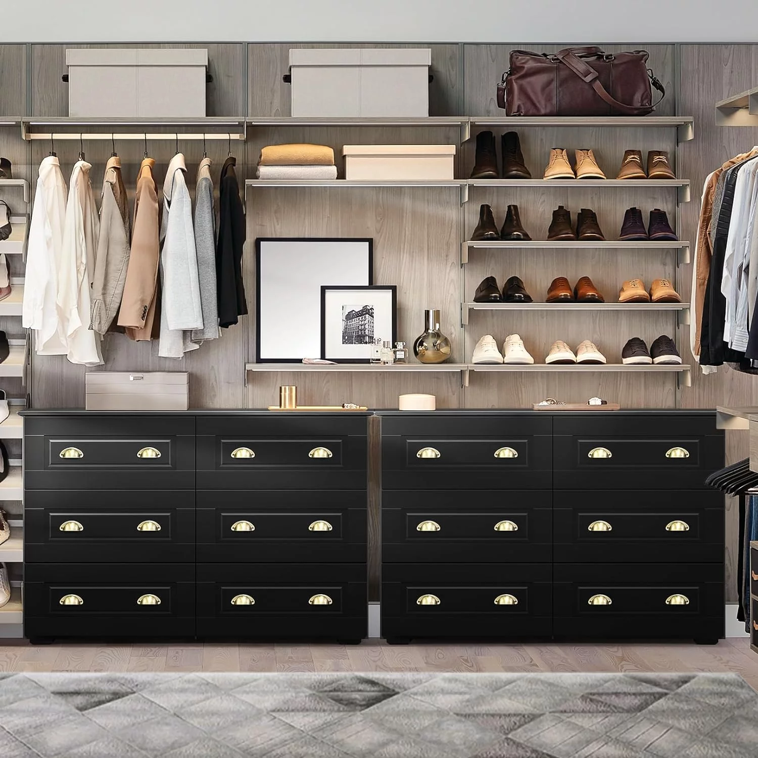 SEJOV 6 Drawer Double Dresser, Vintage Chest of Drawers with Shell Handle for Bedroom, Wooden Dresser for Clothes Storage and Organizer, TV Stand Cabinet for Living Room Hallway Entryway, Black