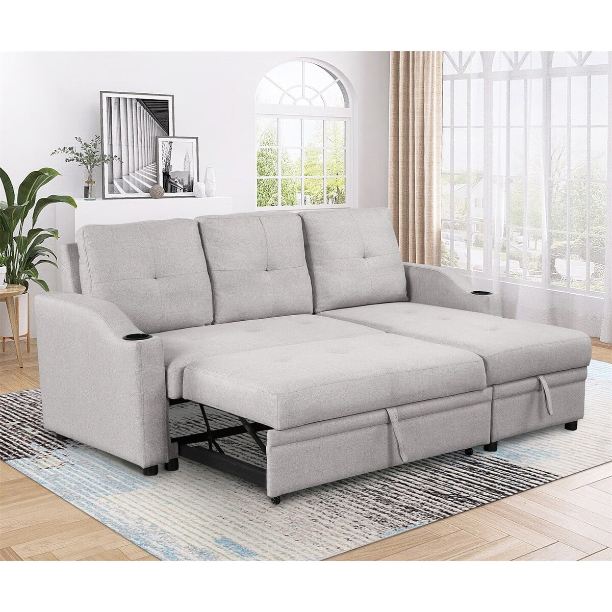 MERAX Modern Pull Out Upholstered Sofa Bed with Storage Chaise and Cup Holder Blue