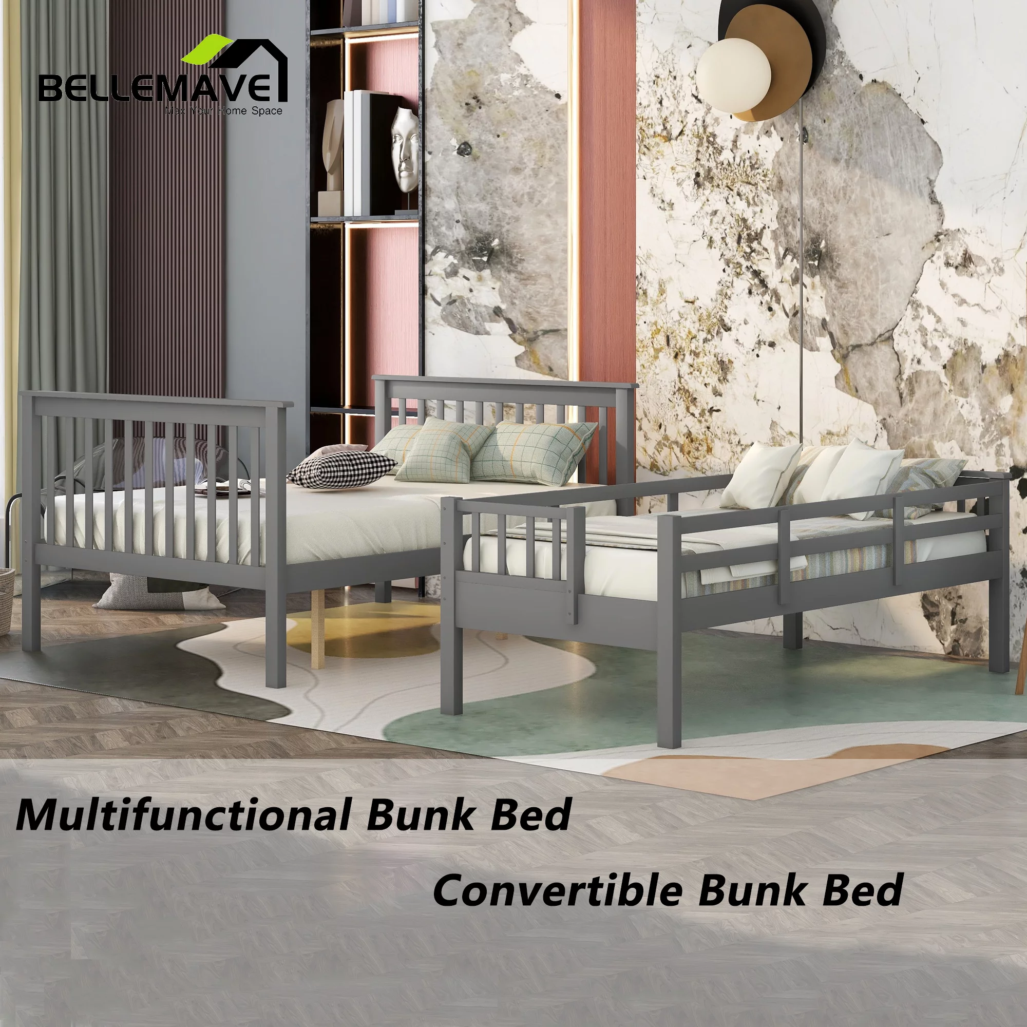 BELLEMAVE Twin Over Full Bunk Bed/Kids Bunk Bed with 4-Step Stairs, Full-Length Guardrail, Footboard and Headboard, Convertible into 2 Beds, Storage Bunk Bed for Kids(Gray)