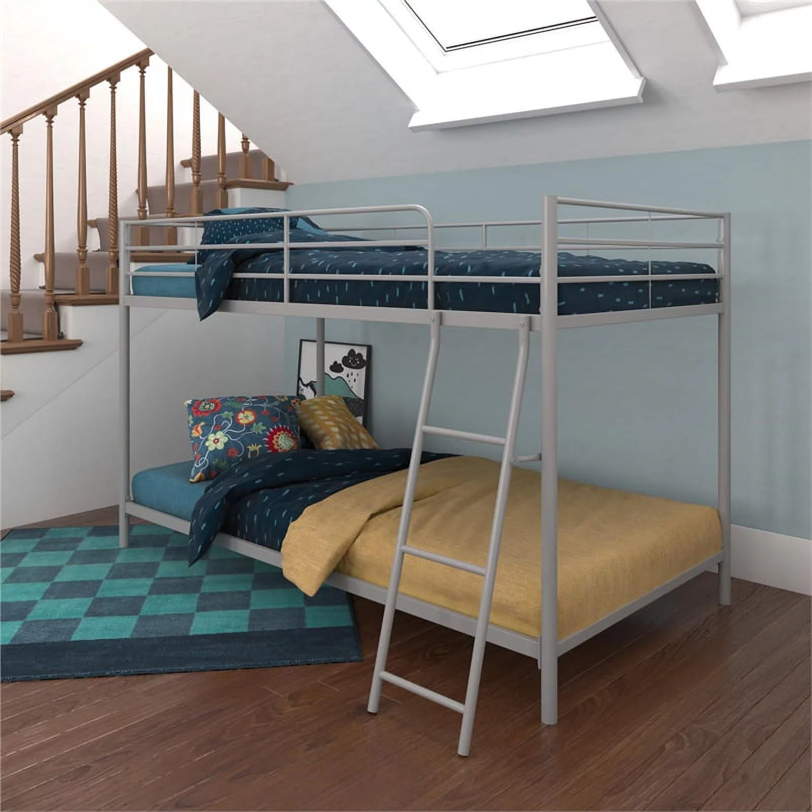 Pemberly Row Junior Modern Metal Gray Twin over Twin Low Bunk Bed for Kids