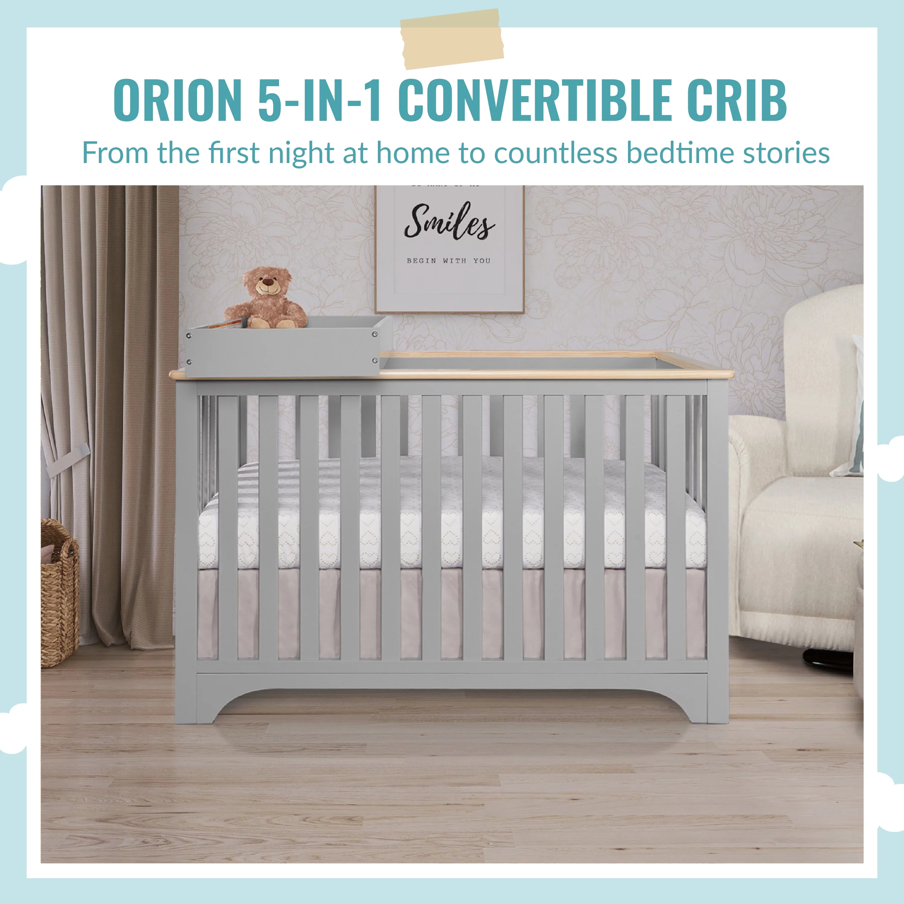 Dream On Me Orion 5-in-1 Convertible Crib with Removable Changing Tray, Pebble Grey Vintage