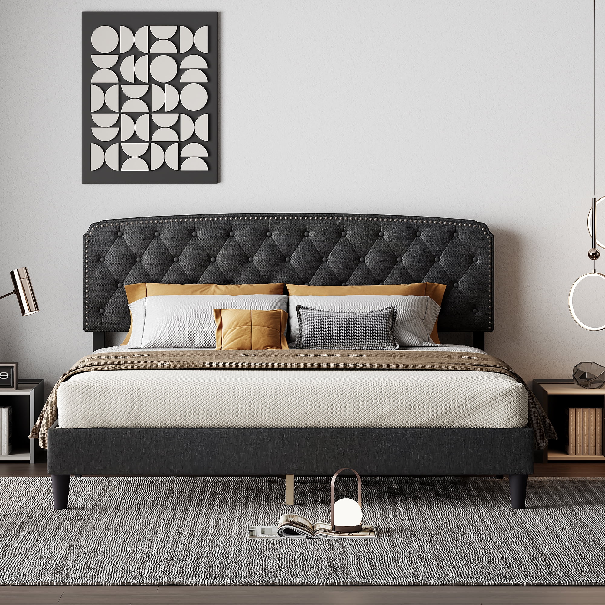 CoSoTower King Size Adjustable Headboard with Fine Linen Upholstery and Button Tufting for Bedroom, Wave Top Dark Grey