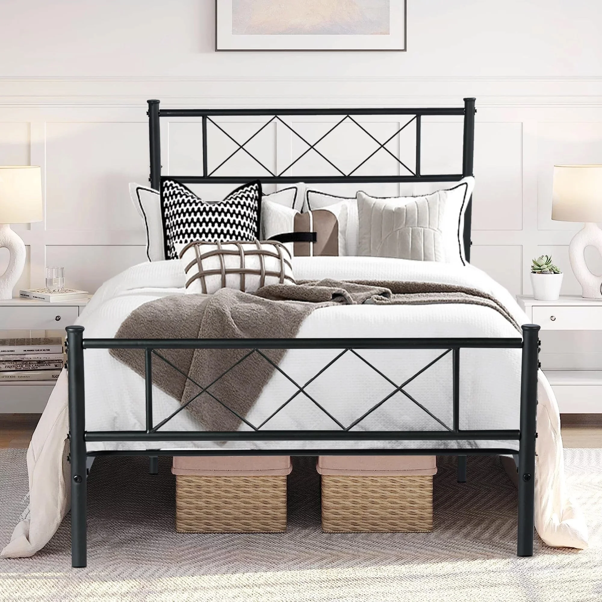 KHD Javlergo Metal Platform Bed Frame with Headboard Twin/Full/Queen Size Platform Bed Queen