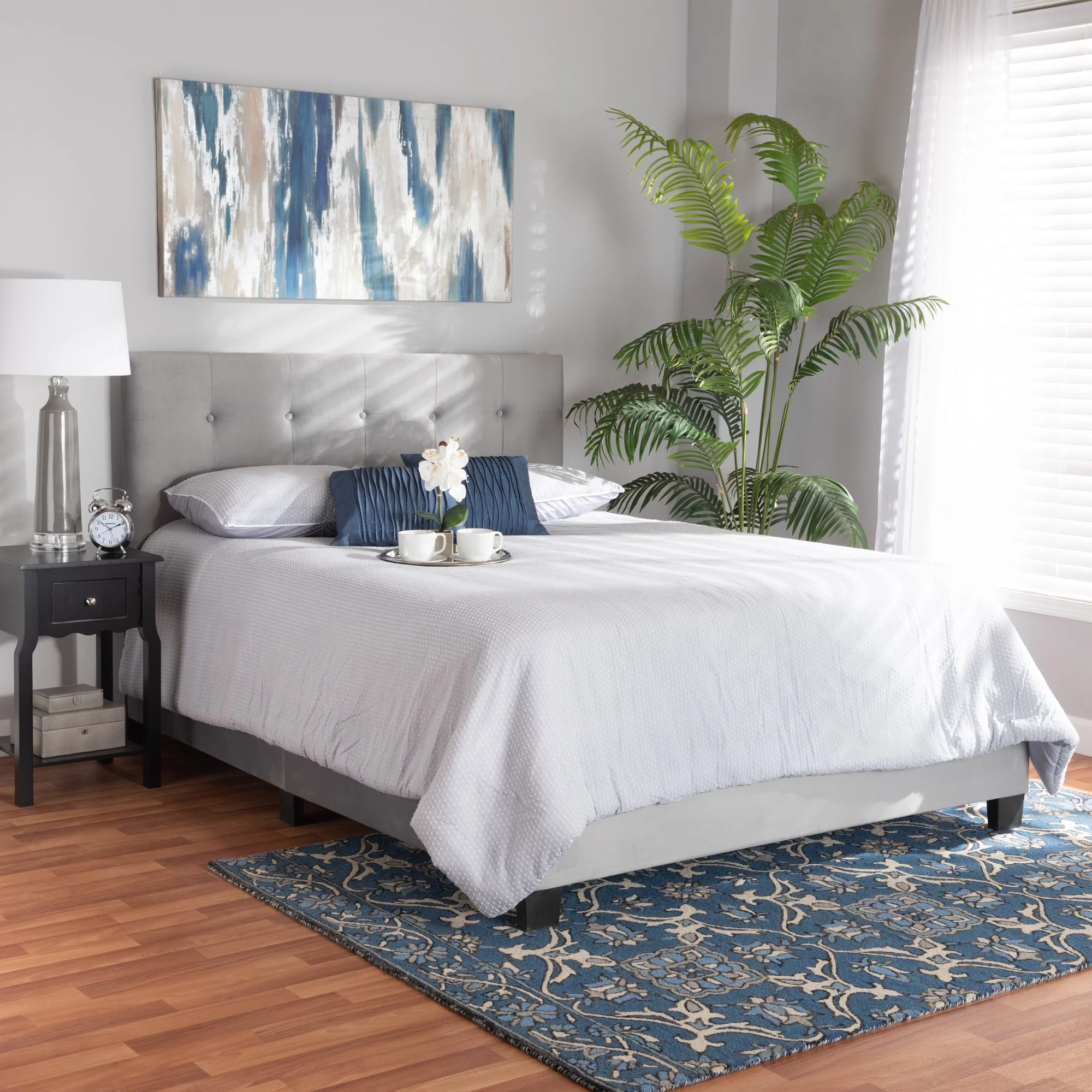 Baxton Studio Caprice Modern Glam Velvet Fabric Upholstered Panel Bed Blue Queen