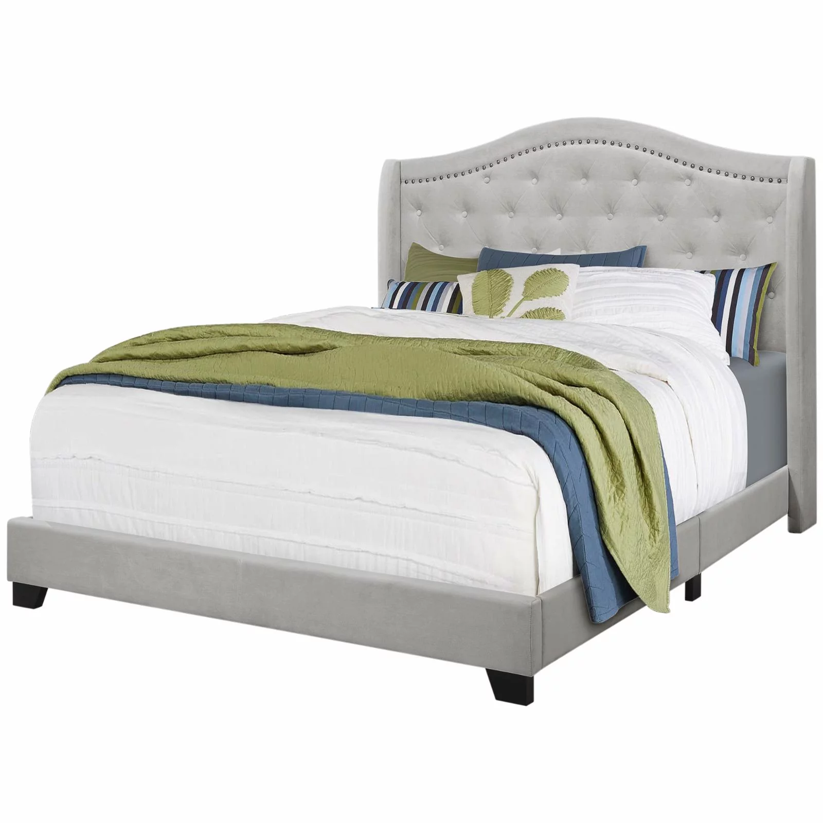 Bed Twin Size Platform Teen Frame Upholstered Velvet Wood Legs Grey