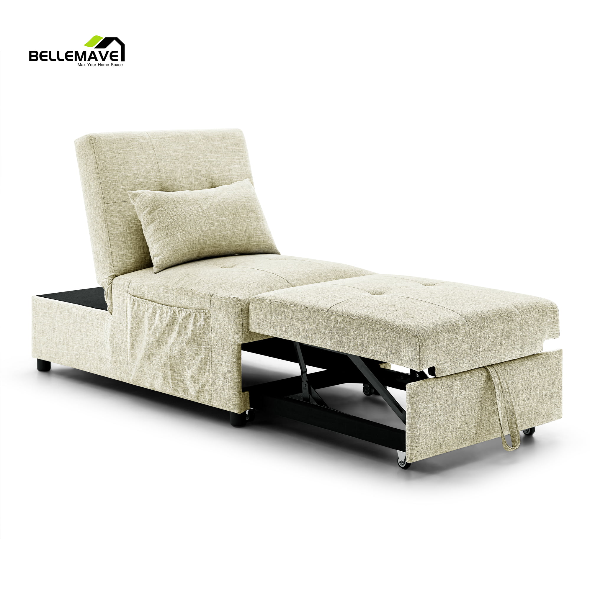 Bellemave 4 in 1 Folding Sofa Bed, Chaise Lounge Indoor with 1 Pillow and Side Pocket, Convertible Ottoman for Small Space Living , 3 Positions, (Beige)