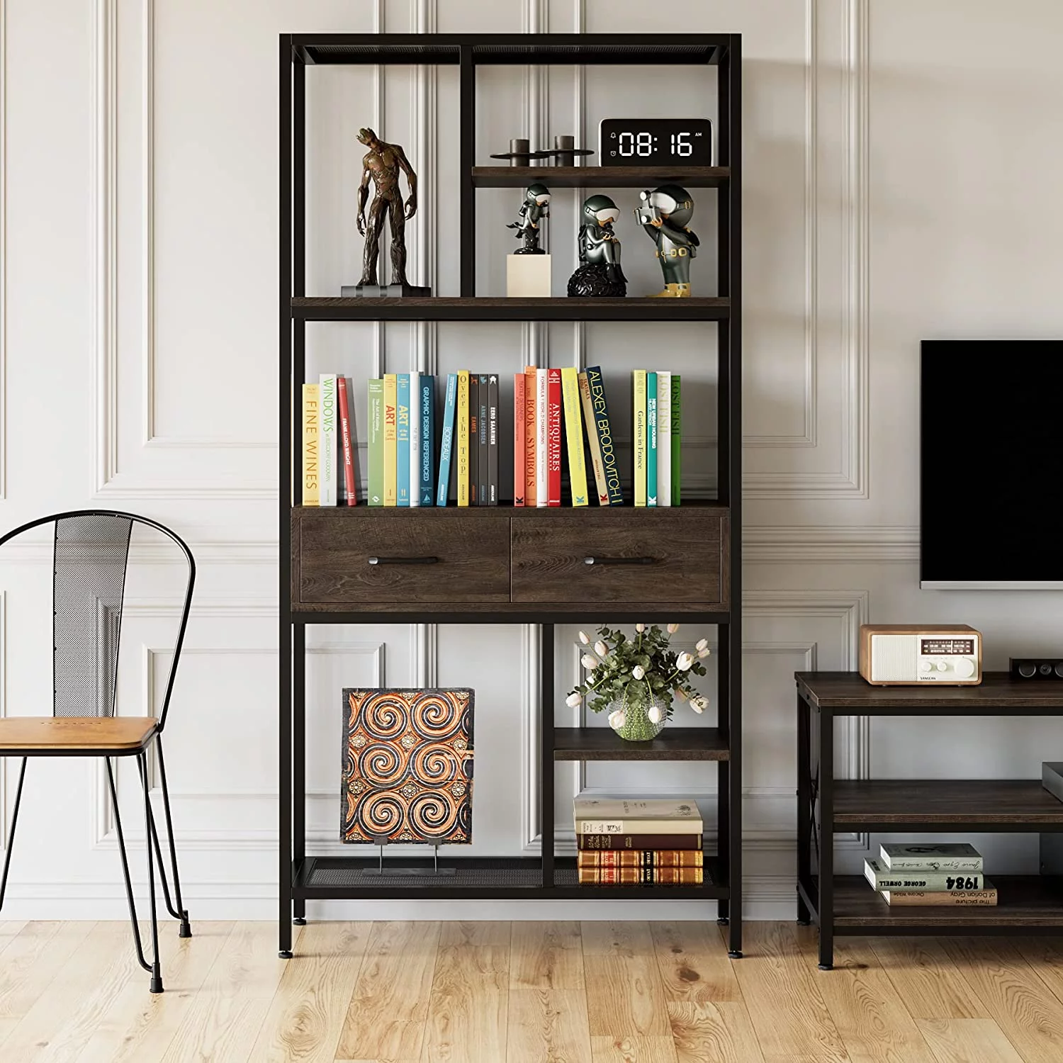Homfa 5-tier Iron Bookcase with 2 Drawers, Industrial Tall Bookshelf with 7 open storage shelves, Free Standing Display shelf with Metal Frame, Dark Brown