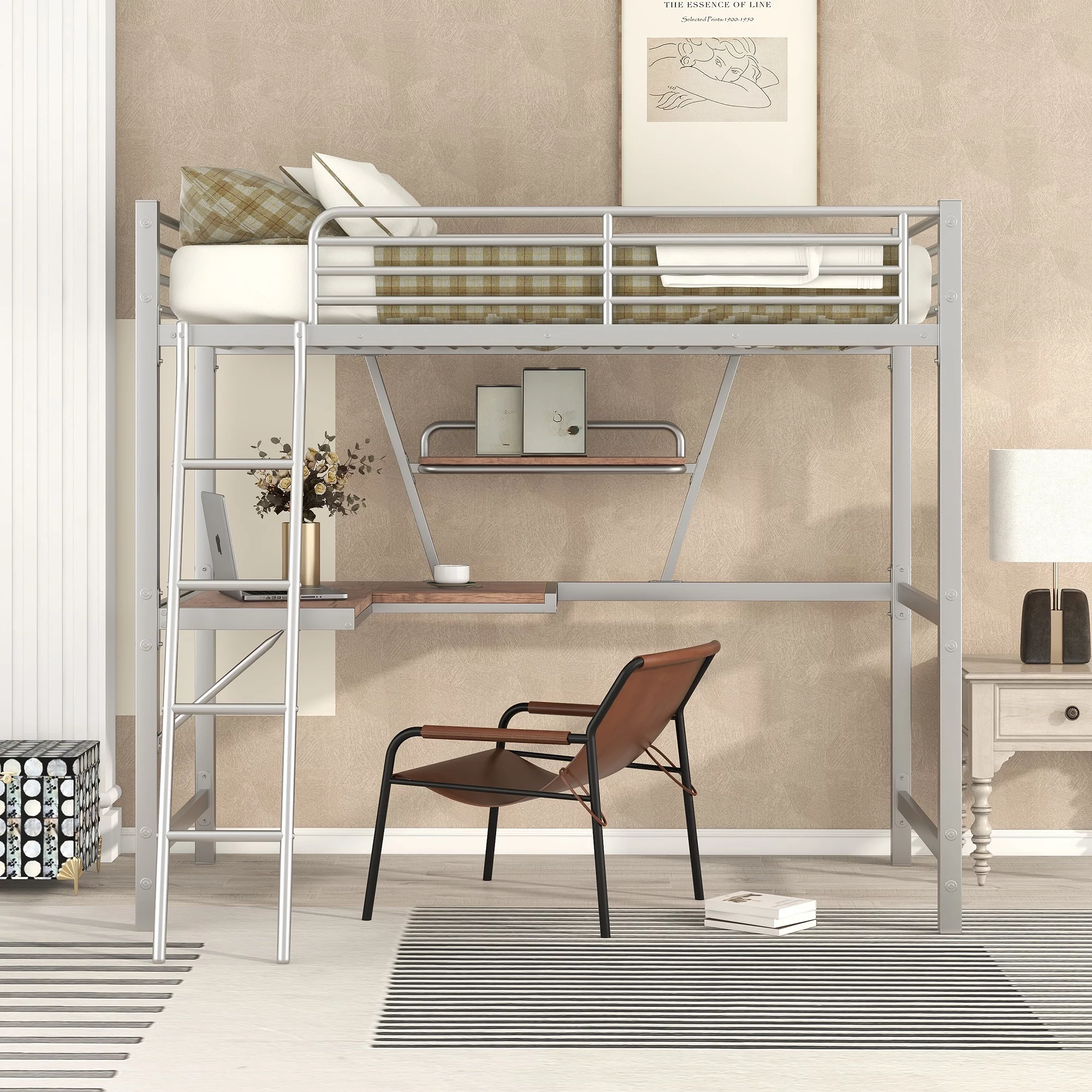 Euroco Metal Loft Bed with Desk and Shelf for Kids, Silver