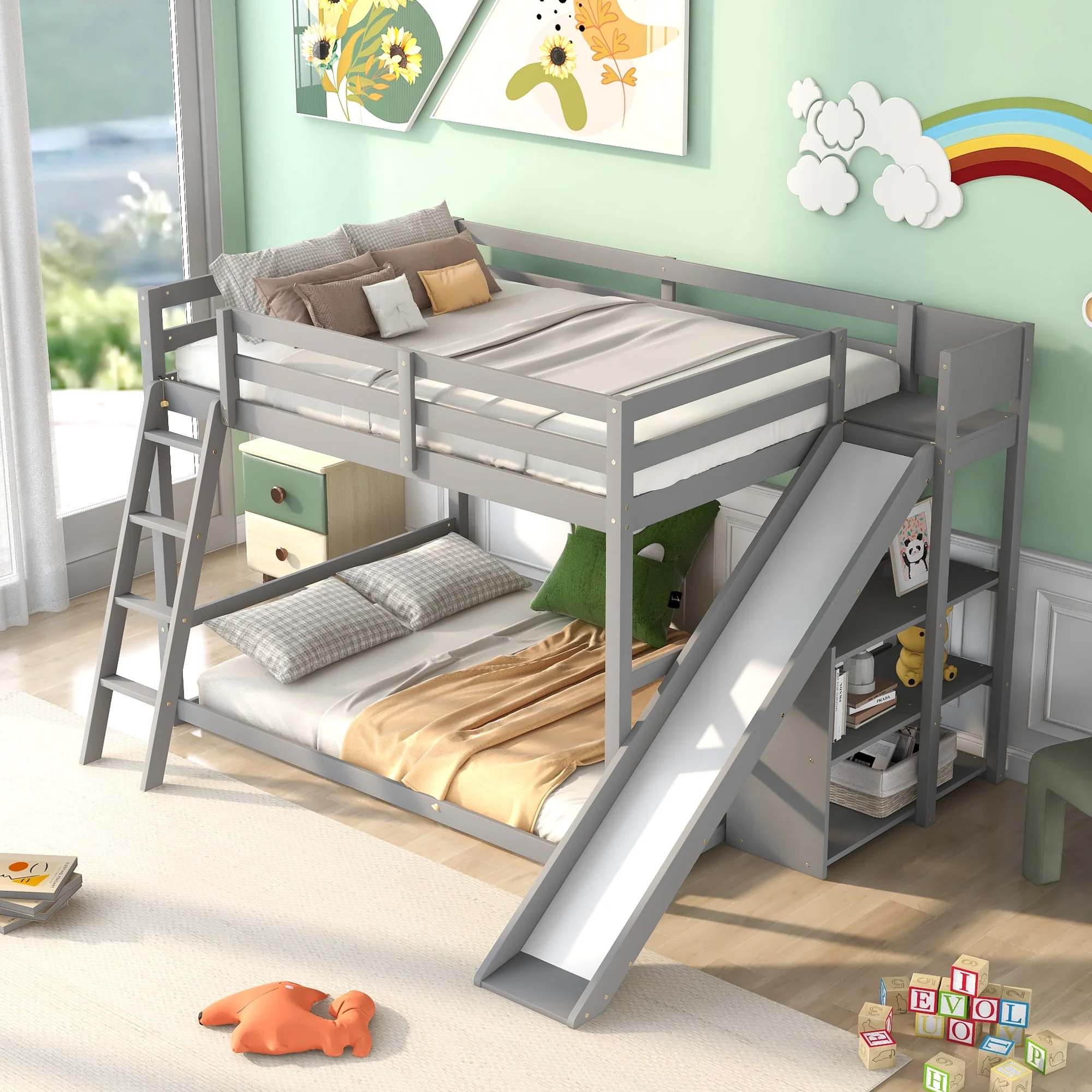 Nestfair Gray Full over Full Bunk Bed with Ladder, Slide and Shelves