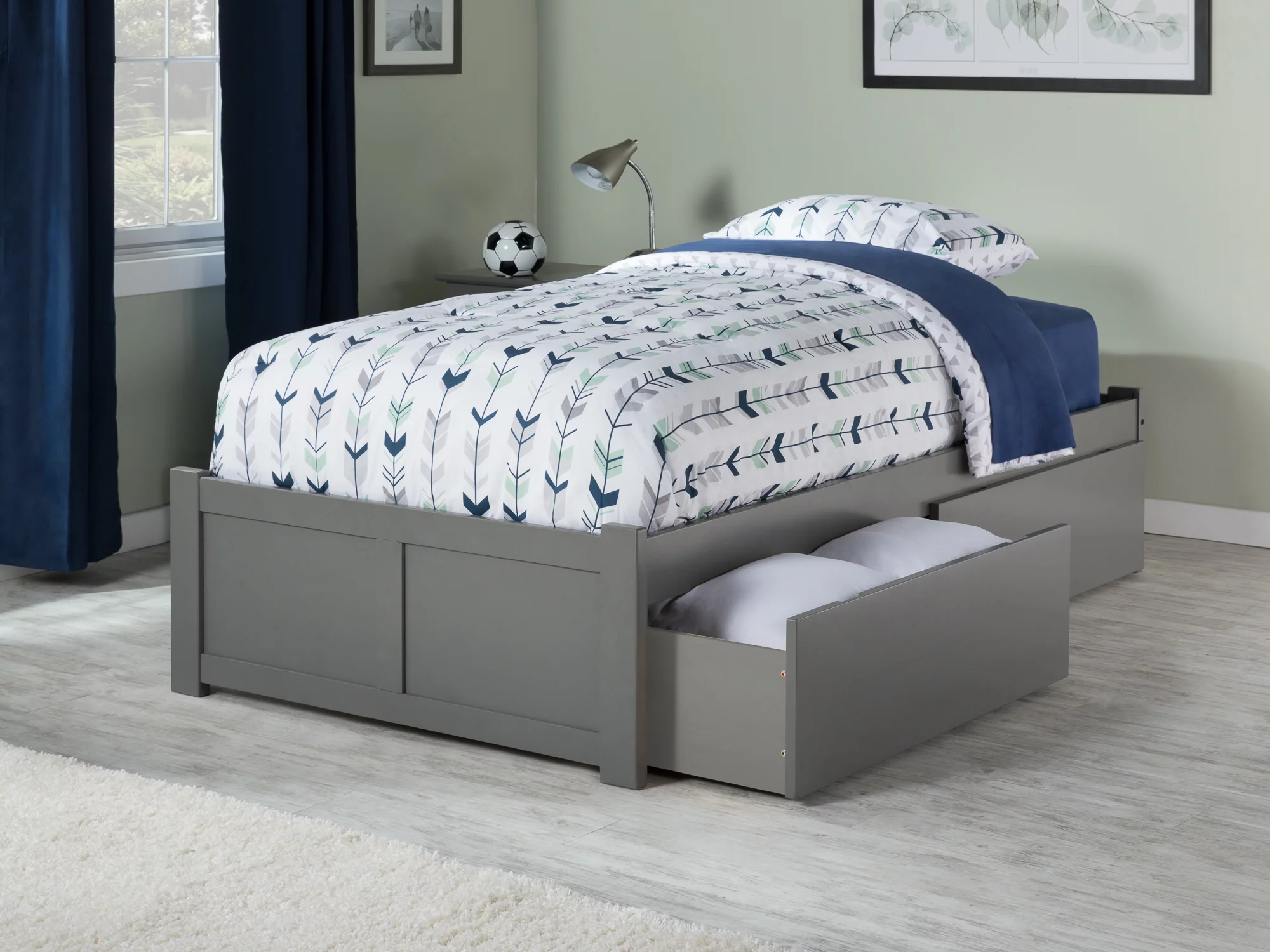 AFI Concord Twin Solid Wood Platform Bed with Footboard & 2 Storage Drawers in Grey