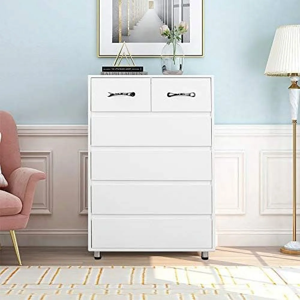 HBBOOMLIFE 6 Drawers Dresser White Wood Chest of Drawer Cabinet with Silver Metal Handle for Bedroom Living Room Entryway