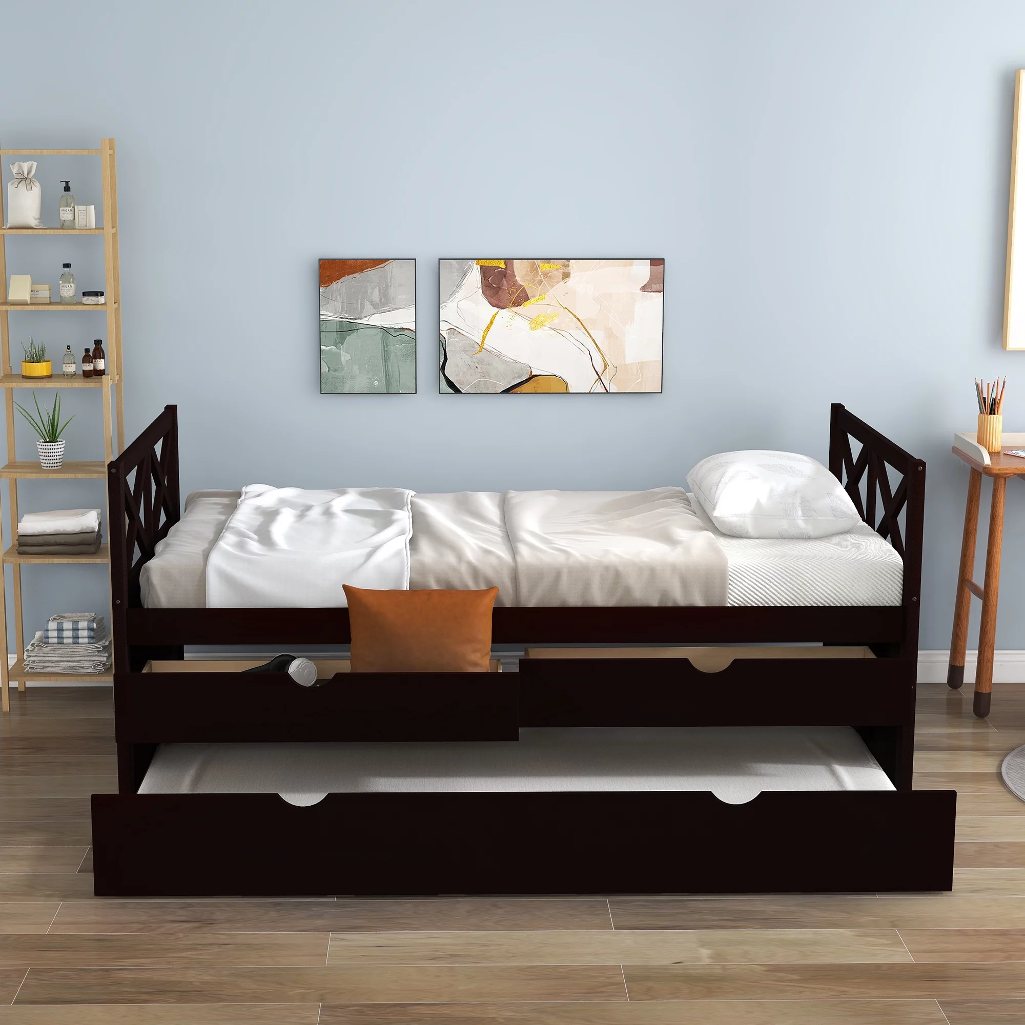 Euroco Classic Pine Wood with Trundle Daybed, Twin for Kids Bedroom, Espresso