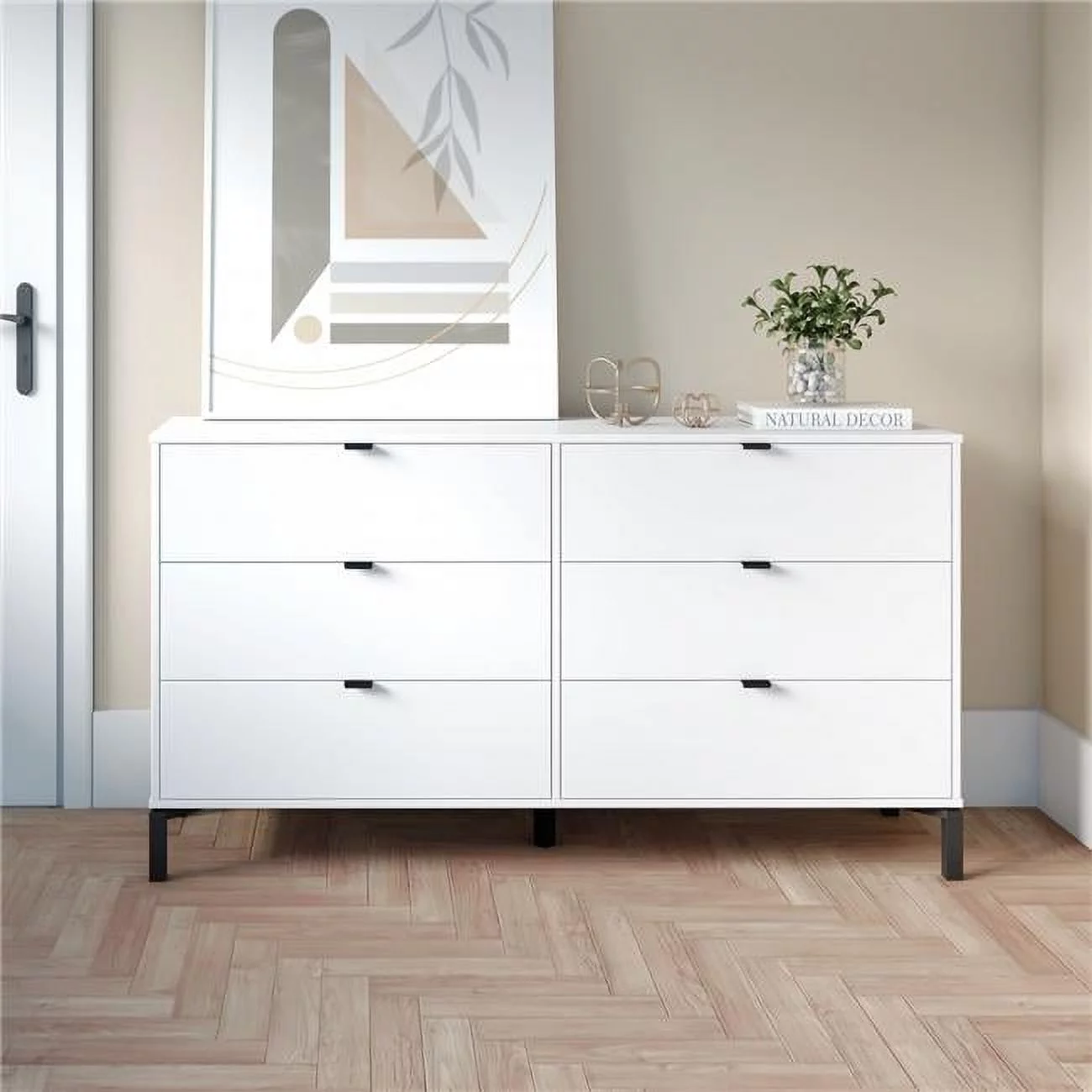 32 x 59 x 16 in. White & Black Six Drawers Double Dresser