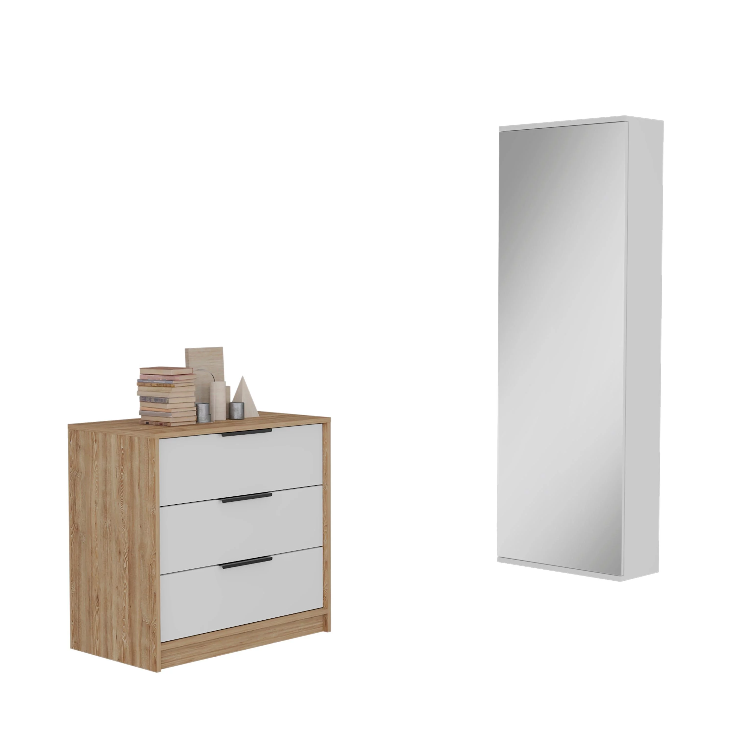 TUHOME Madison 2-Piece Bedroom Set with Shoe Rack and 3-Drawer Dresser, White/Pine