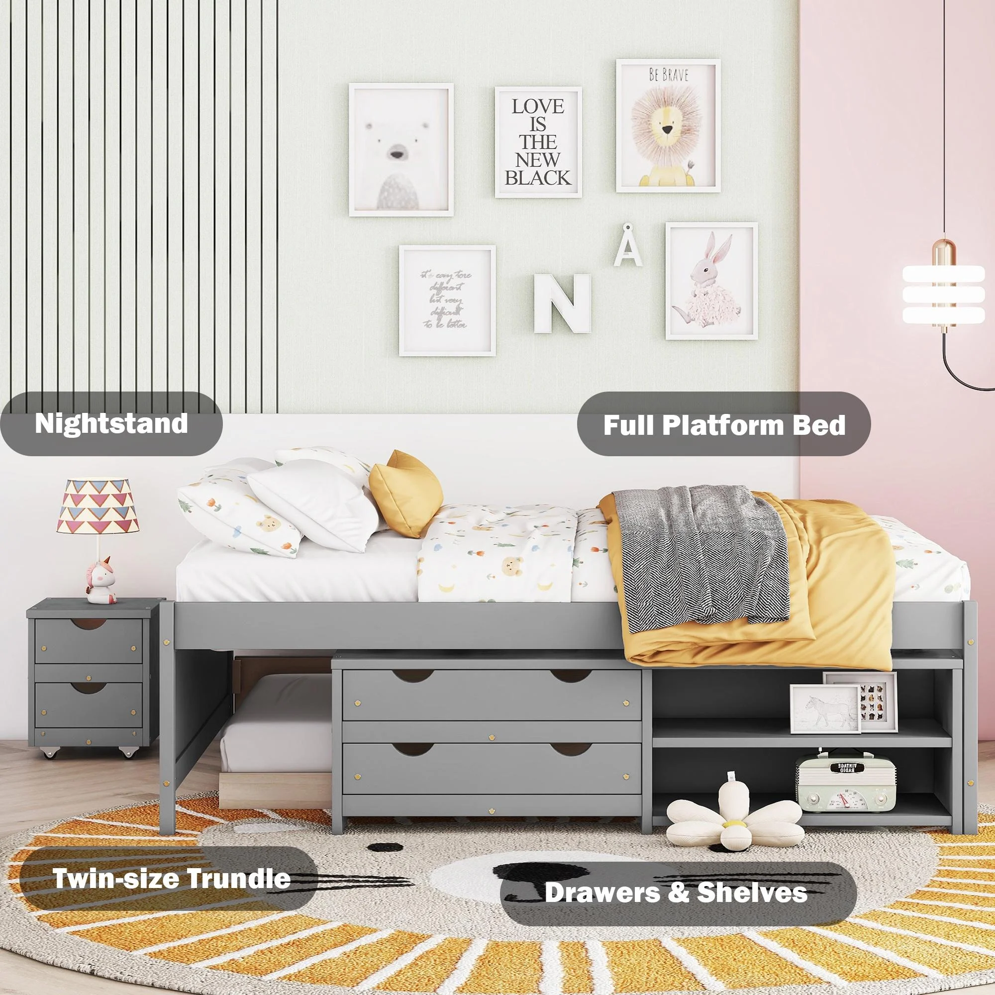 Bellemave Space Saving Full Size Platform Bed with Nightstand and Trundle Full Storage Bed Frame with Under Bed Storage Cabinet and 2 Drawers for Kids, Teens, No Box Spring Needed, Gray