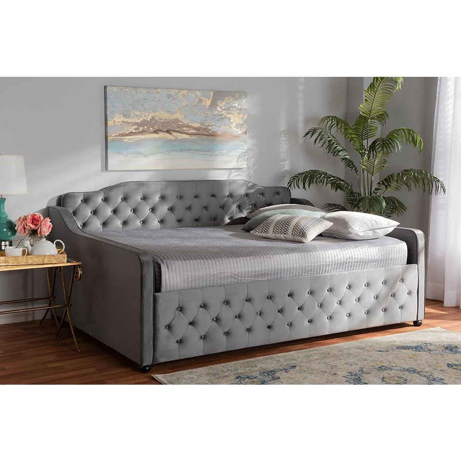 Freda Transitional Grey Velvet Fabric Upholstered and Button Tufted Full Size Daybed