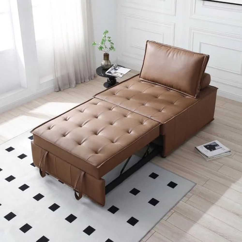 Motent Mid-Century Modern Sofa Couch Multipurpose Faux Leather Ottoman Lazy Sofa Pulling Out Sofa Bed, living room and bedroom (Brown)