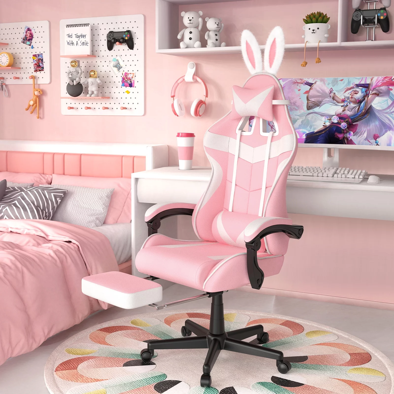 Soontrans Pink Gaming Chair with Footrest, Ergonomic Office Chair with Lumbar Pillow & Adjustable Headrest Support, Gamers Game Chair, Pink and White